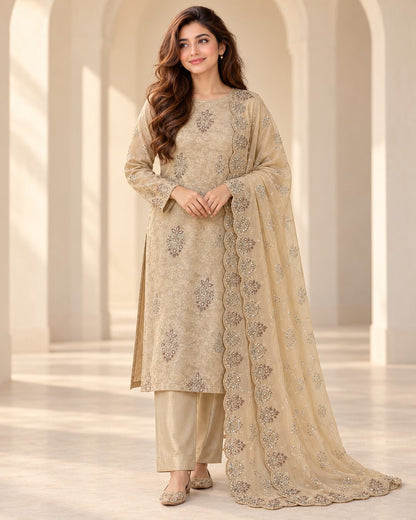 Golden Beige Ambose Silk 3-Piece Unstitched Suit front view
