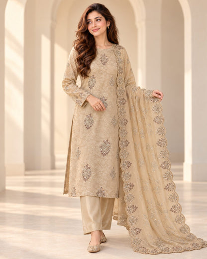 Golden Beige Ambose Silk 3-Piece Unstitched Suit three-quarter view