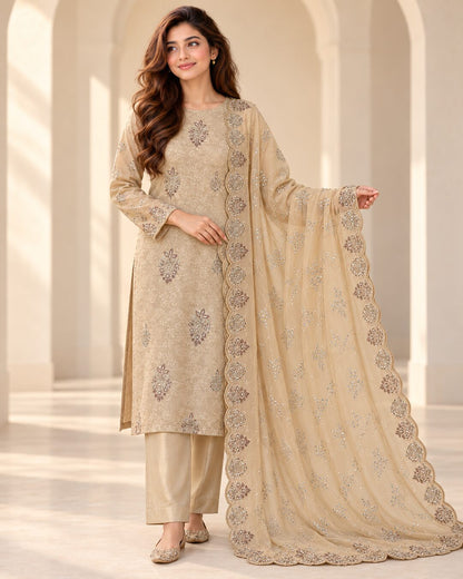 Golden Beige Ambose Silk suit with embroidered chiffon dupatta