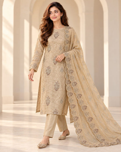 Golden Beige Ambose Silk suit walking pose