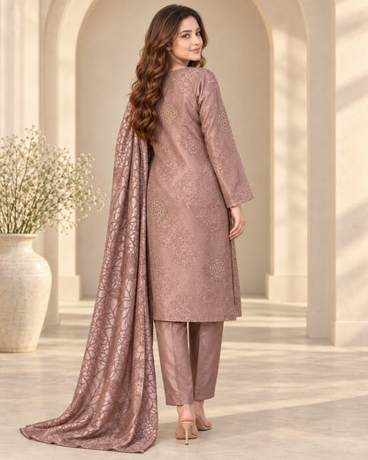 Mocha Mauve Ambose silk suit rear three-quarter view