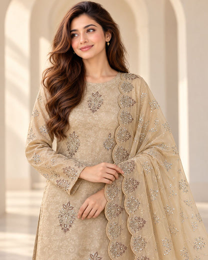 Golden Beige Ambose Silk suit embroidery and fabric detail