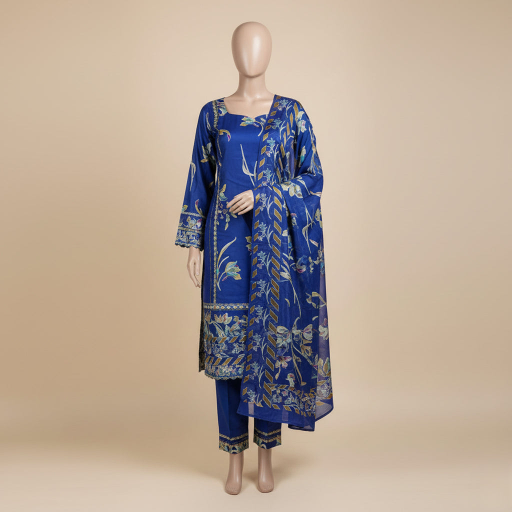 Royal Blue Barosha Silk 3 Piece Unstitched Suit | Insaf Fabrics