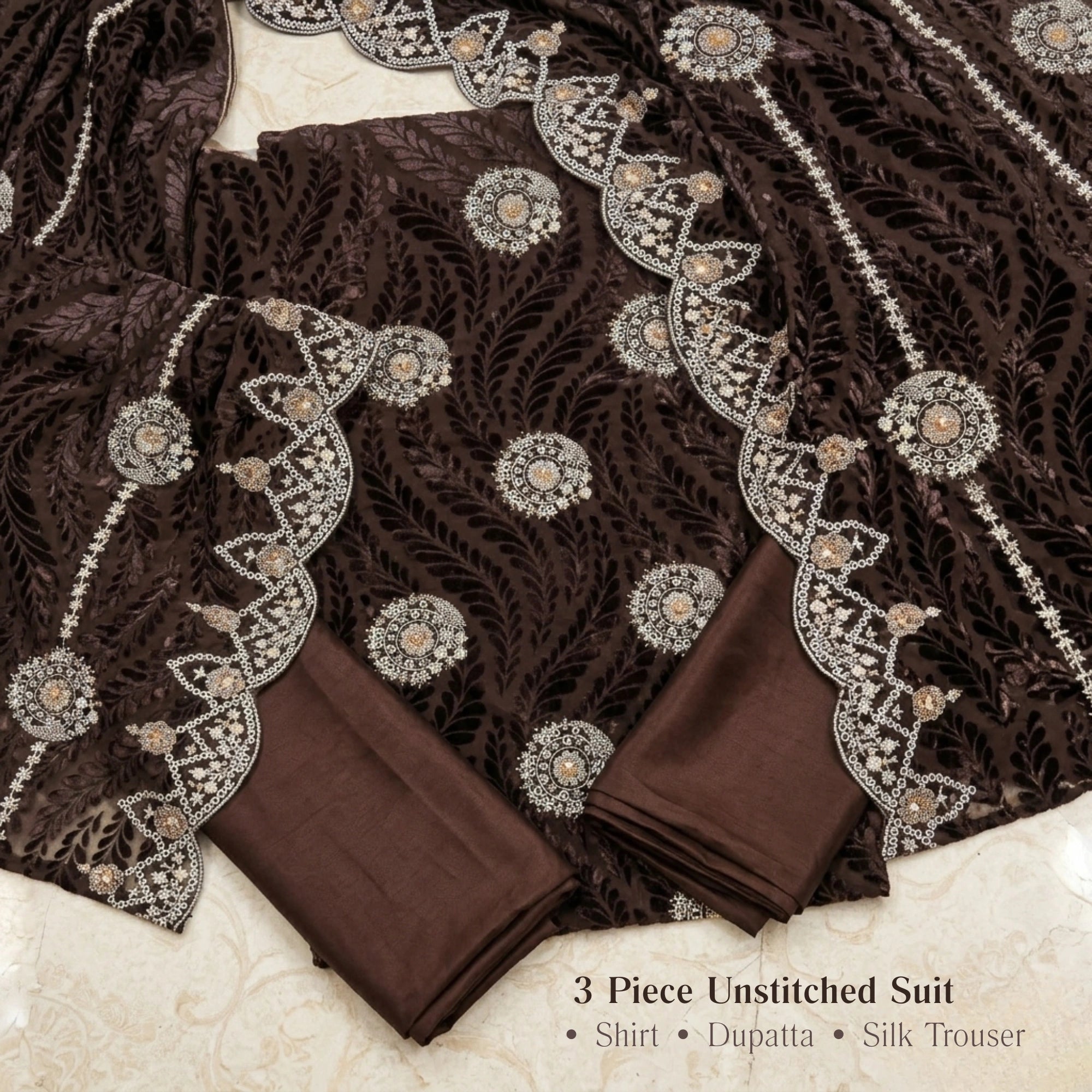 Chocolate Brown Embroidered Palachi 3 Piece Unstitched Suit