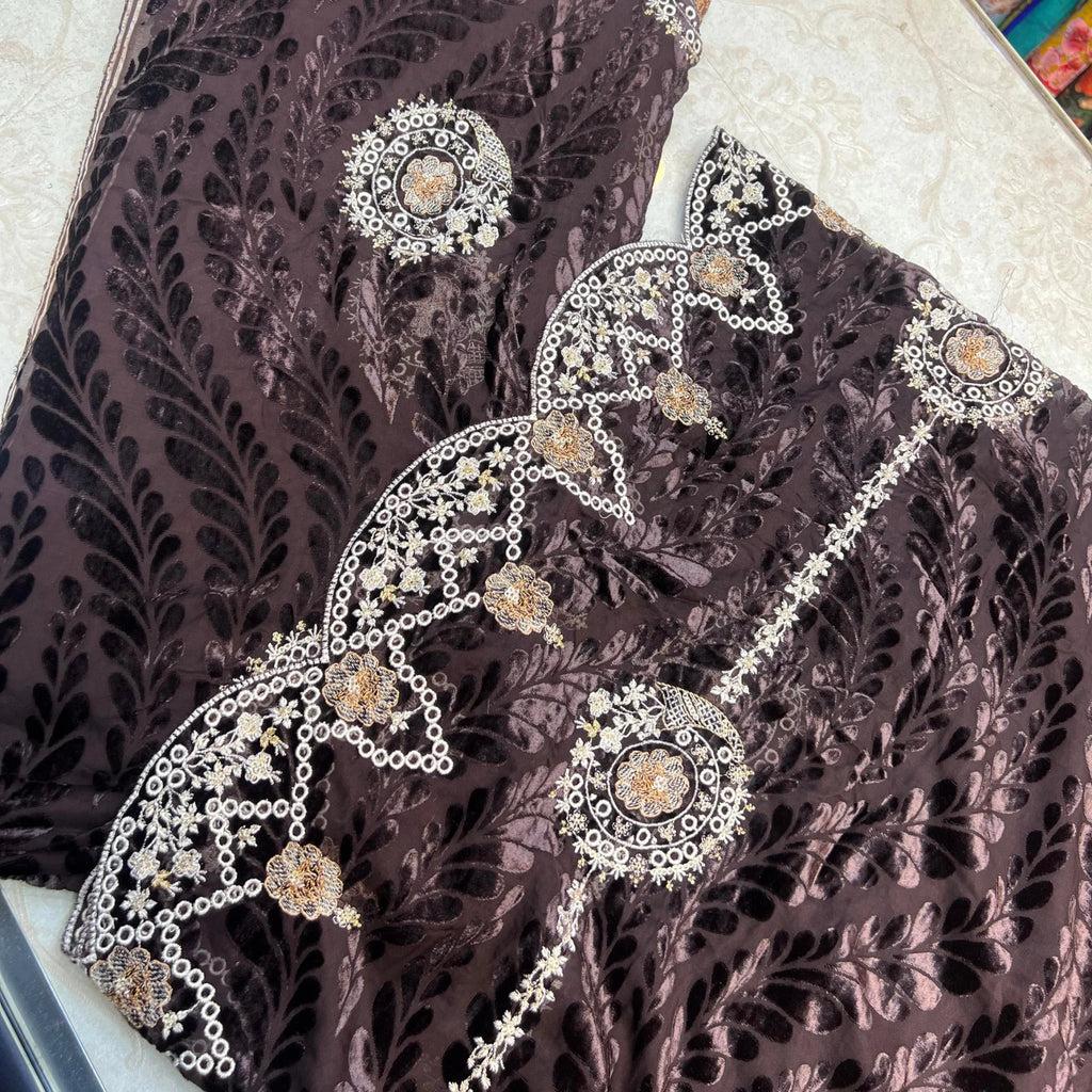 Chocolate Brown Embroidered Palachi 3 Piece Unstitched Suit