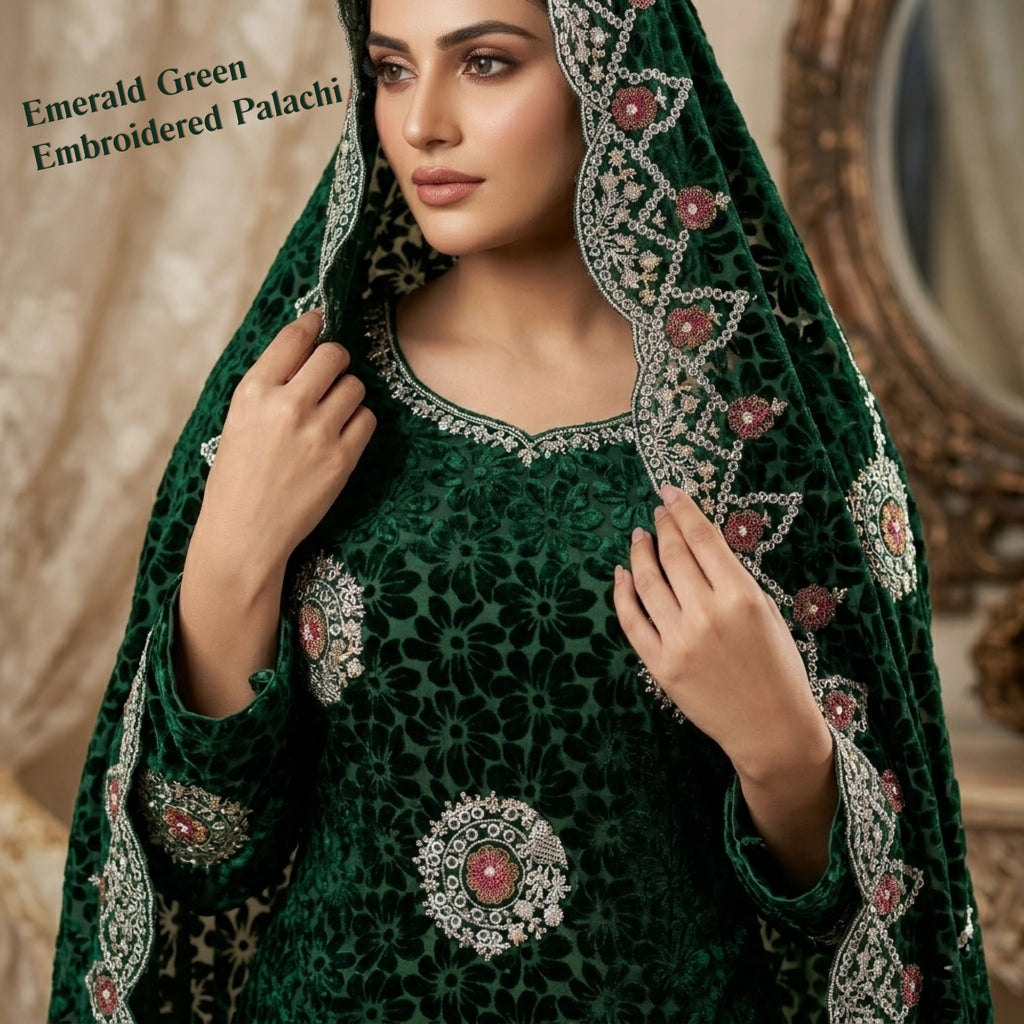 Emerald Green Embroidered Palachi 3 Piece Unstitched Suit