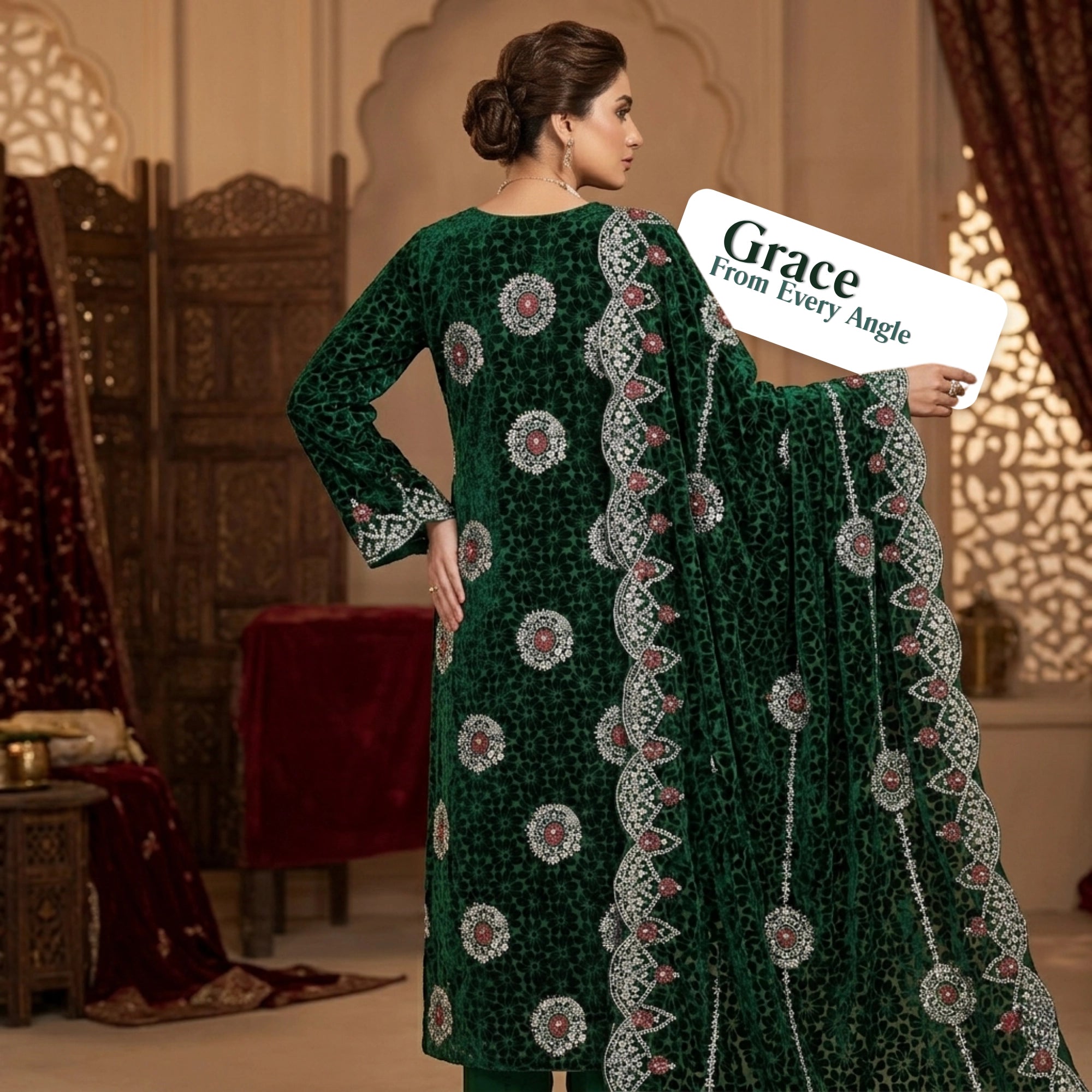 Emerald Green Embroidered Palachi 3 Piece Unstitched Suit