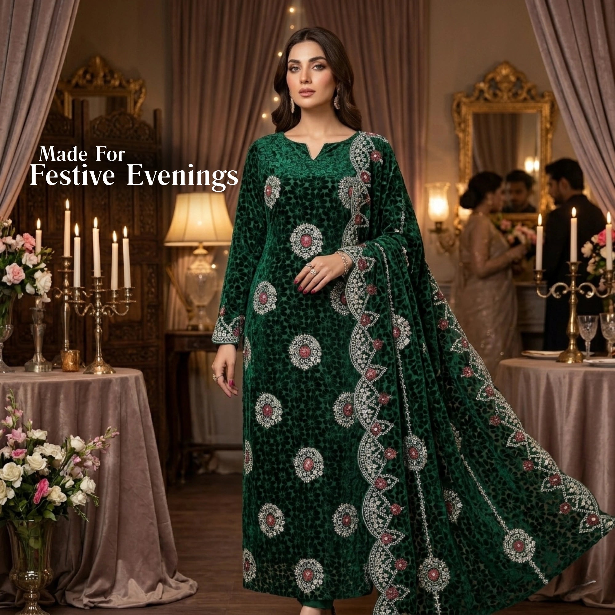 Emerald Green Embroidered Palachi 3 Piece Unstitched Suit