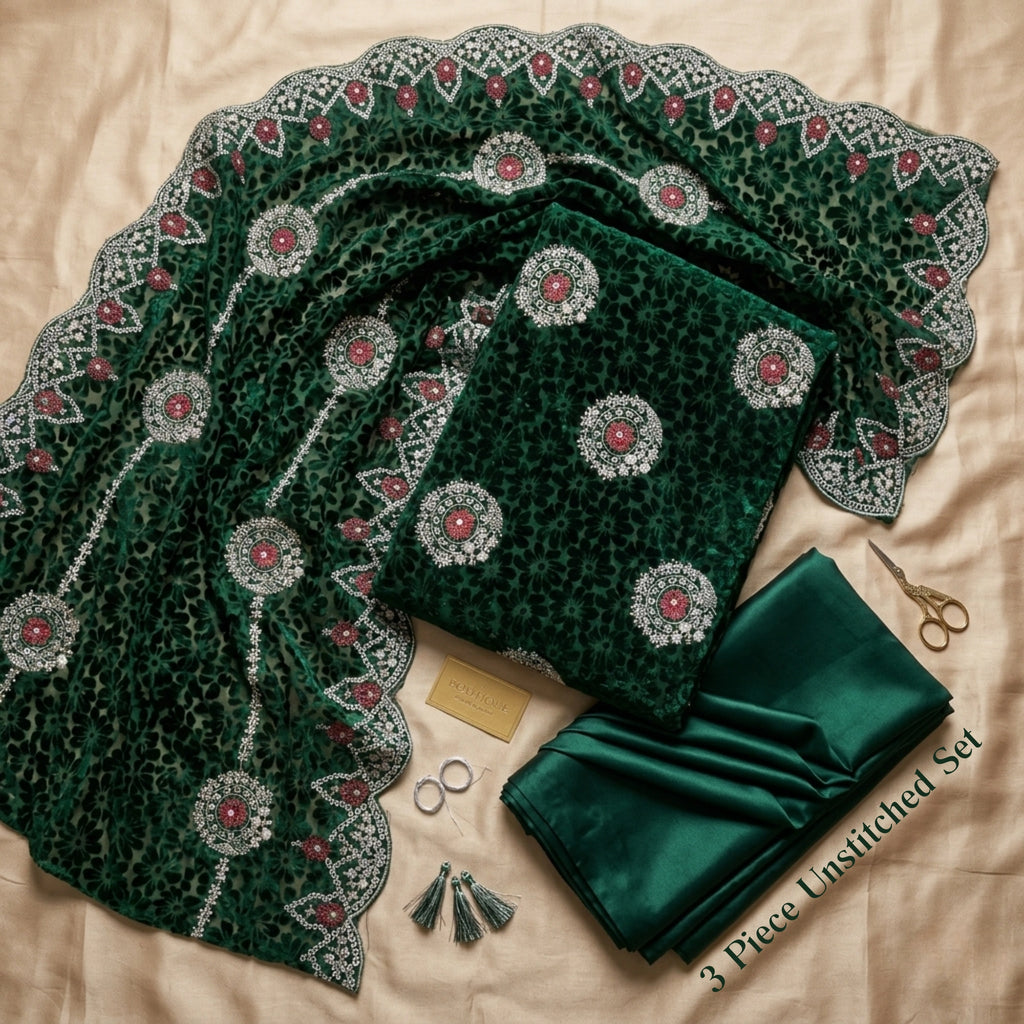 Emerald Green Embroidered Palachi 3 Piece Unstitched Suit