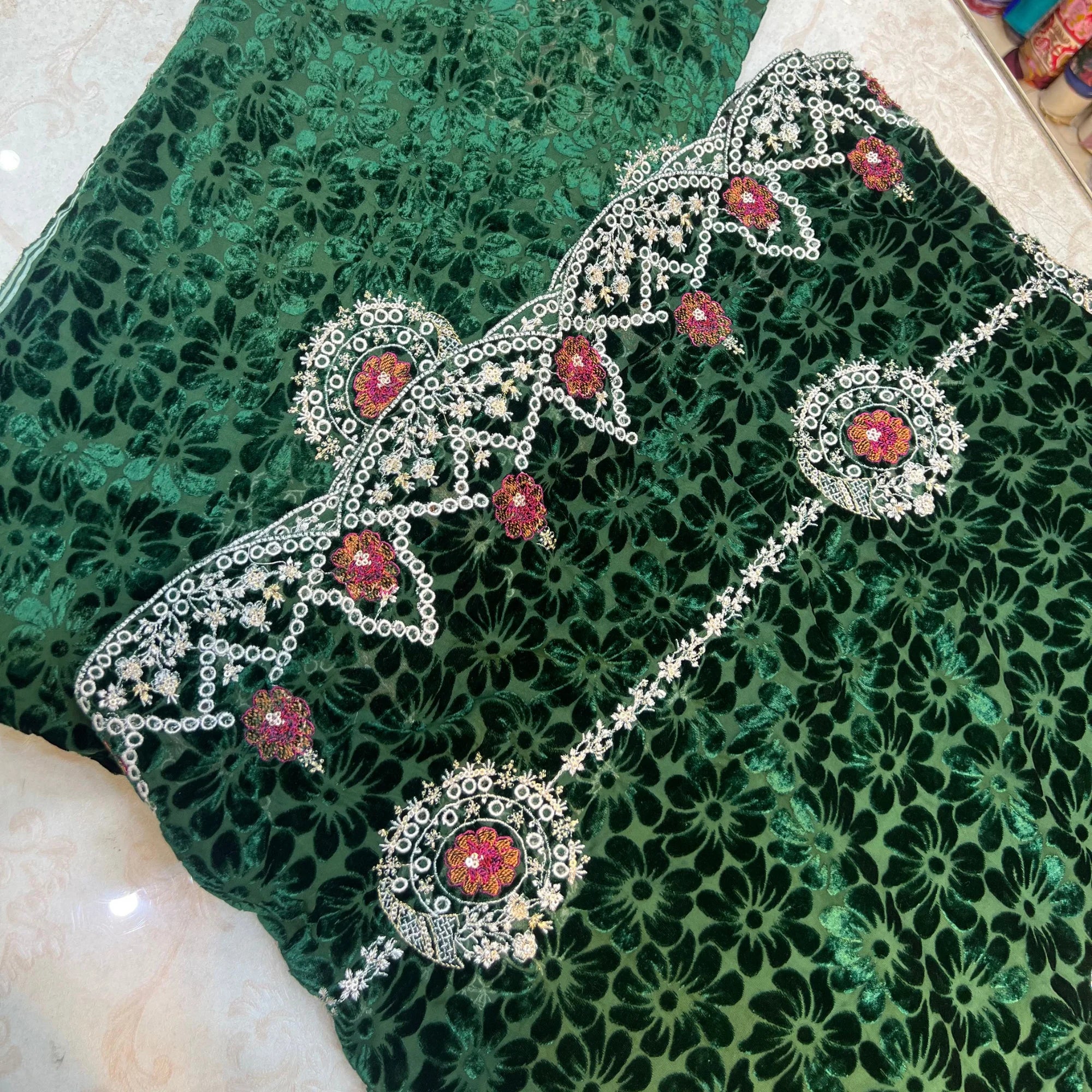 Emerald Green Embroidered Palachi 3 Piece Unstitched Suit