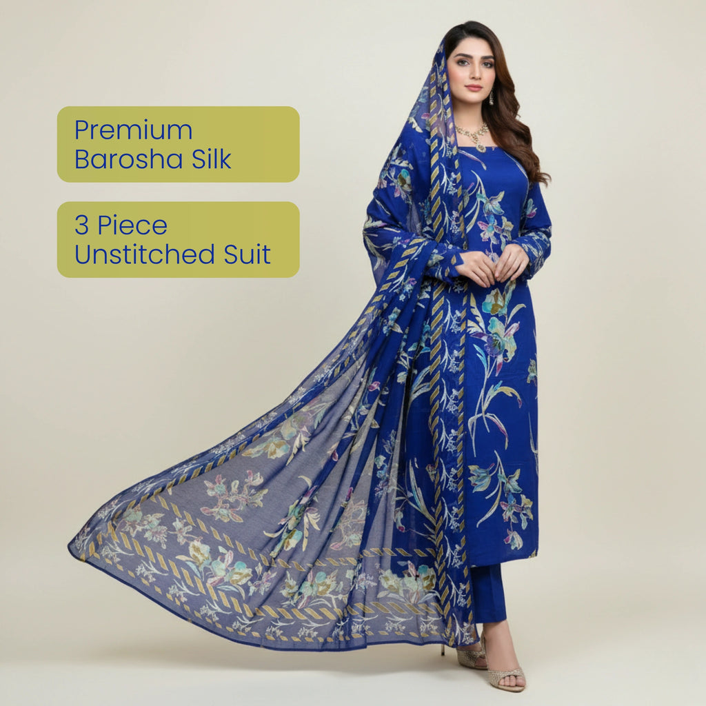 Royal Blue Barosha Silk 3 Piece Unstitched Suit | Insaf Fabrics