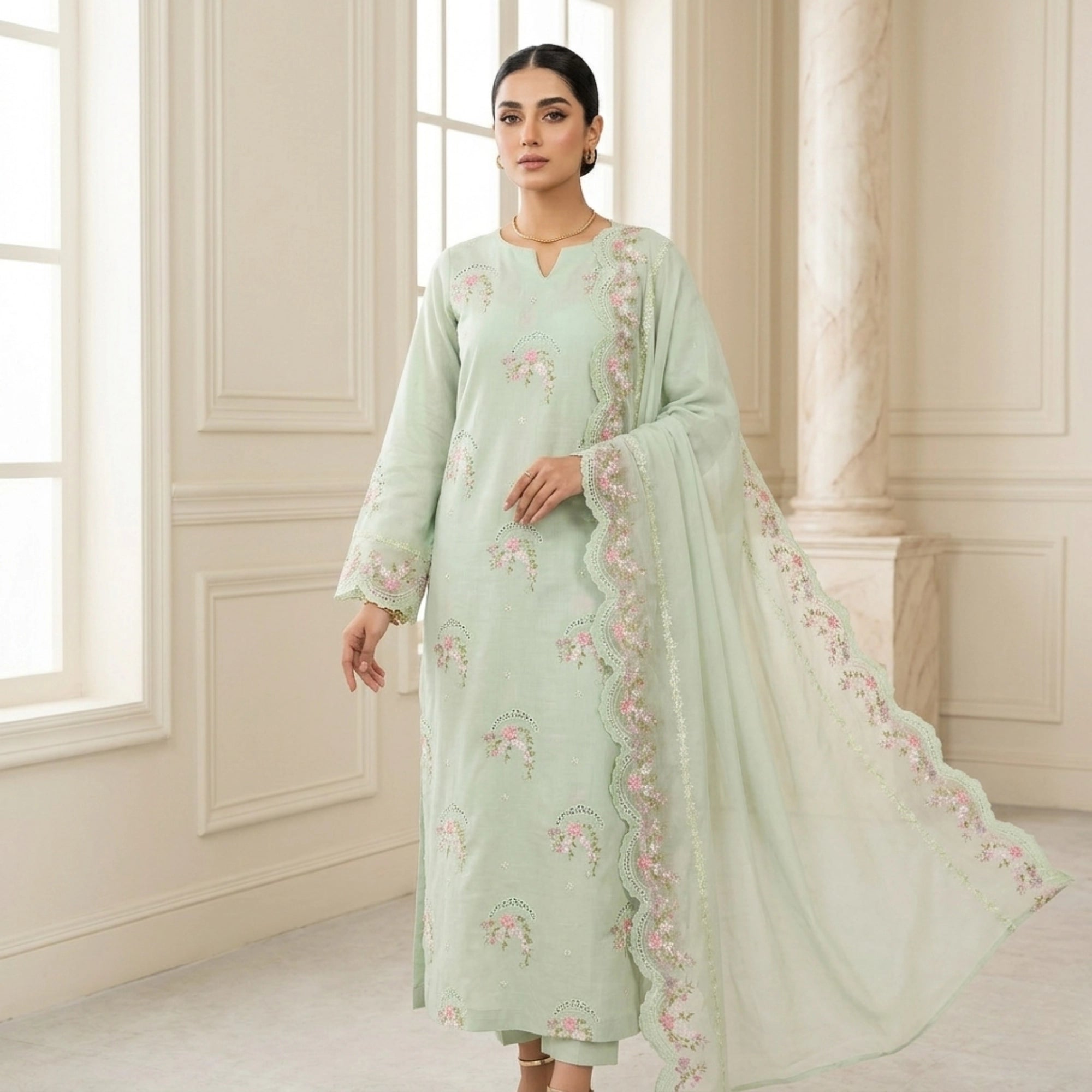 Mint-Ice Floral Embroidered 3Pc Unstitched Lawn Suit - Chiffon Dupatta