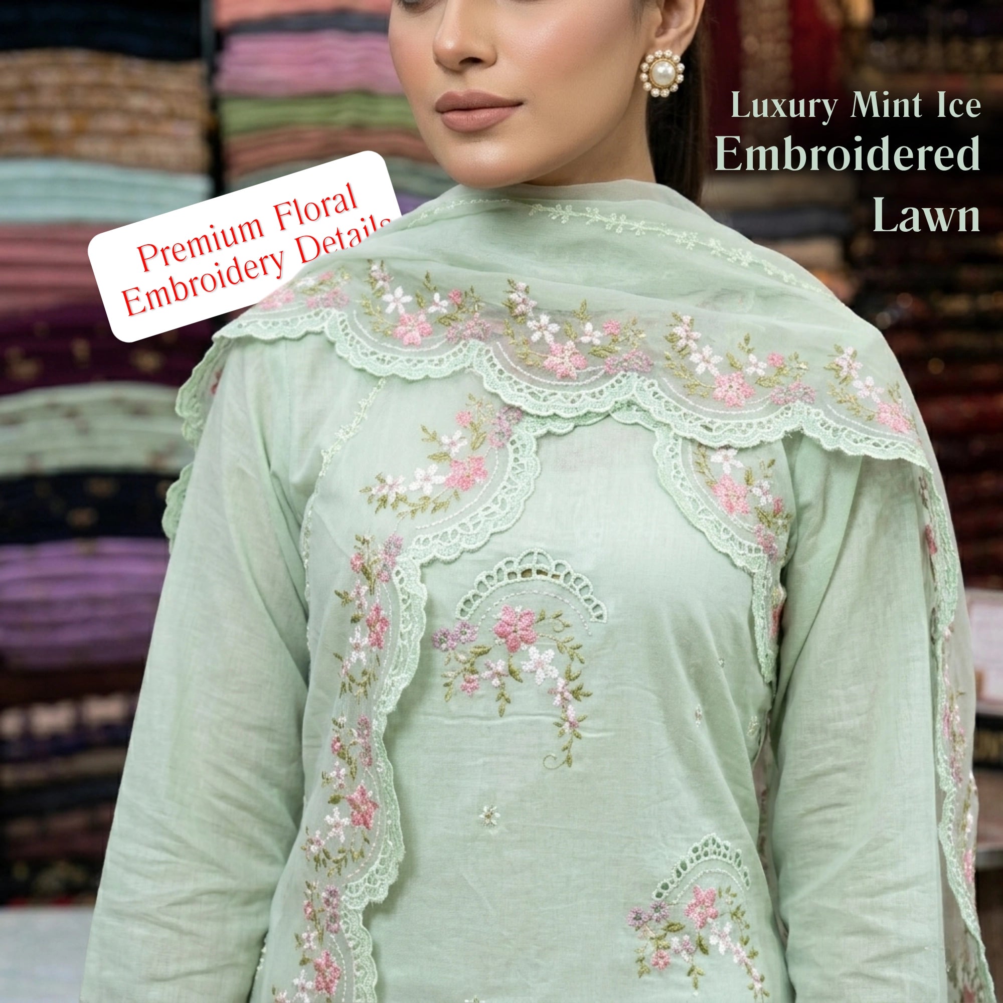 Mint-Ice Floral Embroidered 3Pc Unstitched Lawn Suit - Chiffon Dupatta