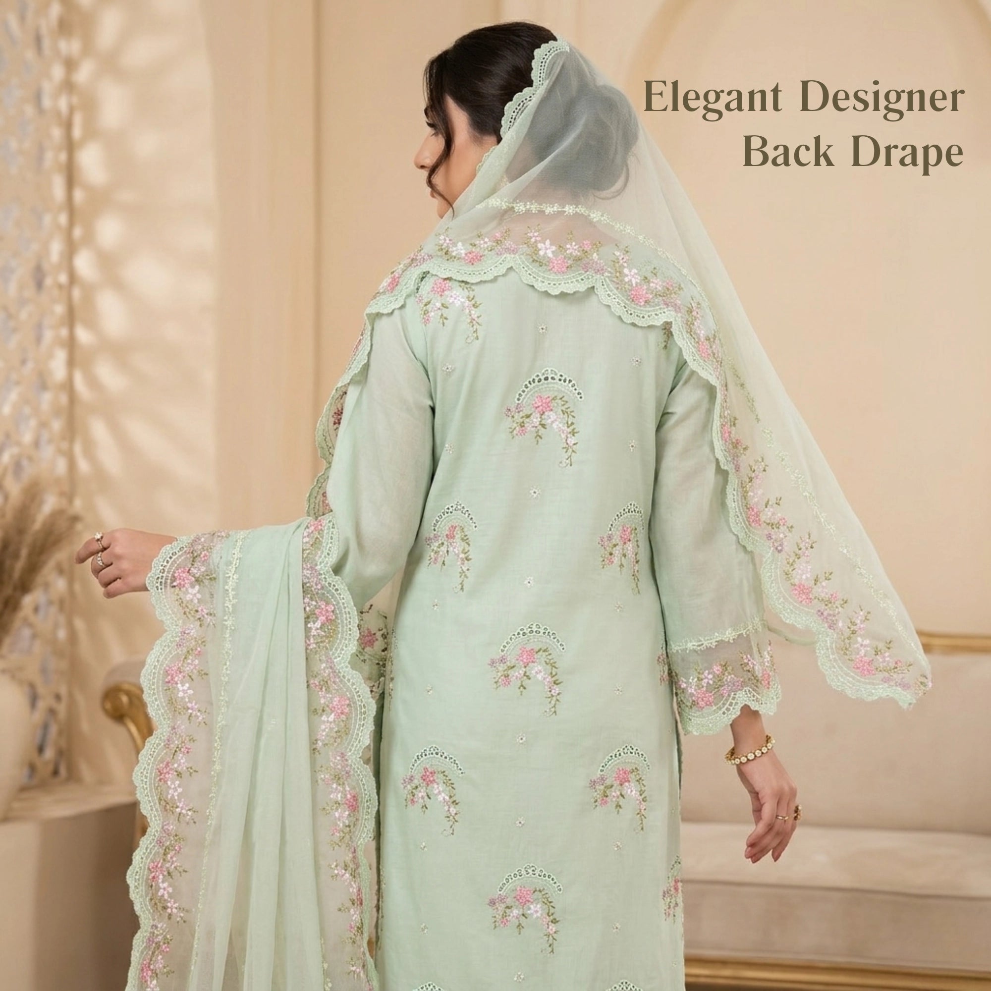 Mint-Ice Floral Embroidered 3Pc Unstitched Lawn Suit - Chiffon Dupatta