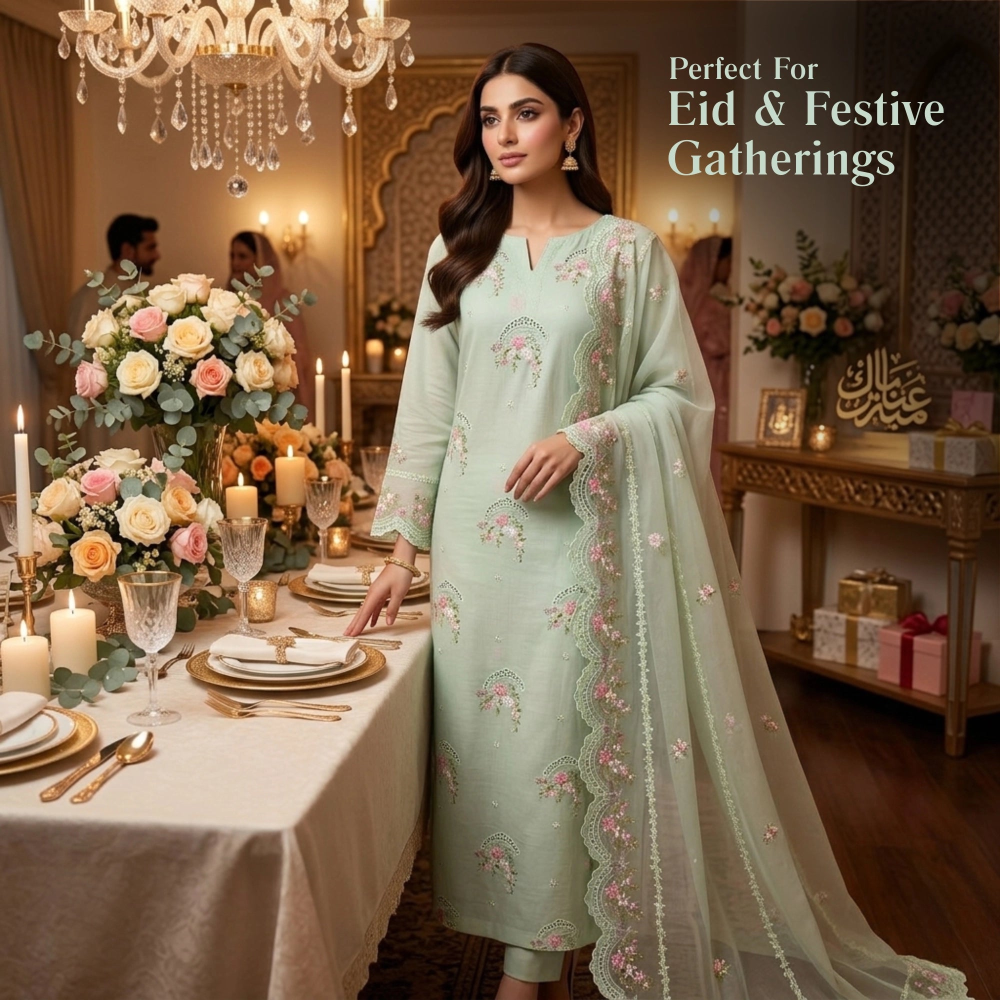 Mint-Ice Floral Embroidered 3Pc Unstitched Lawn Suit - Chiffon Dupatta