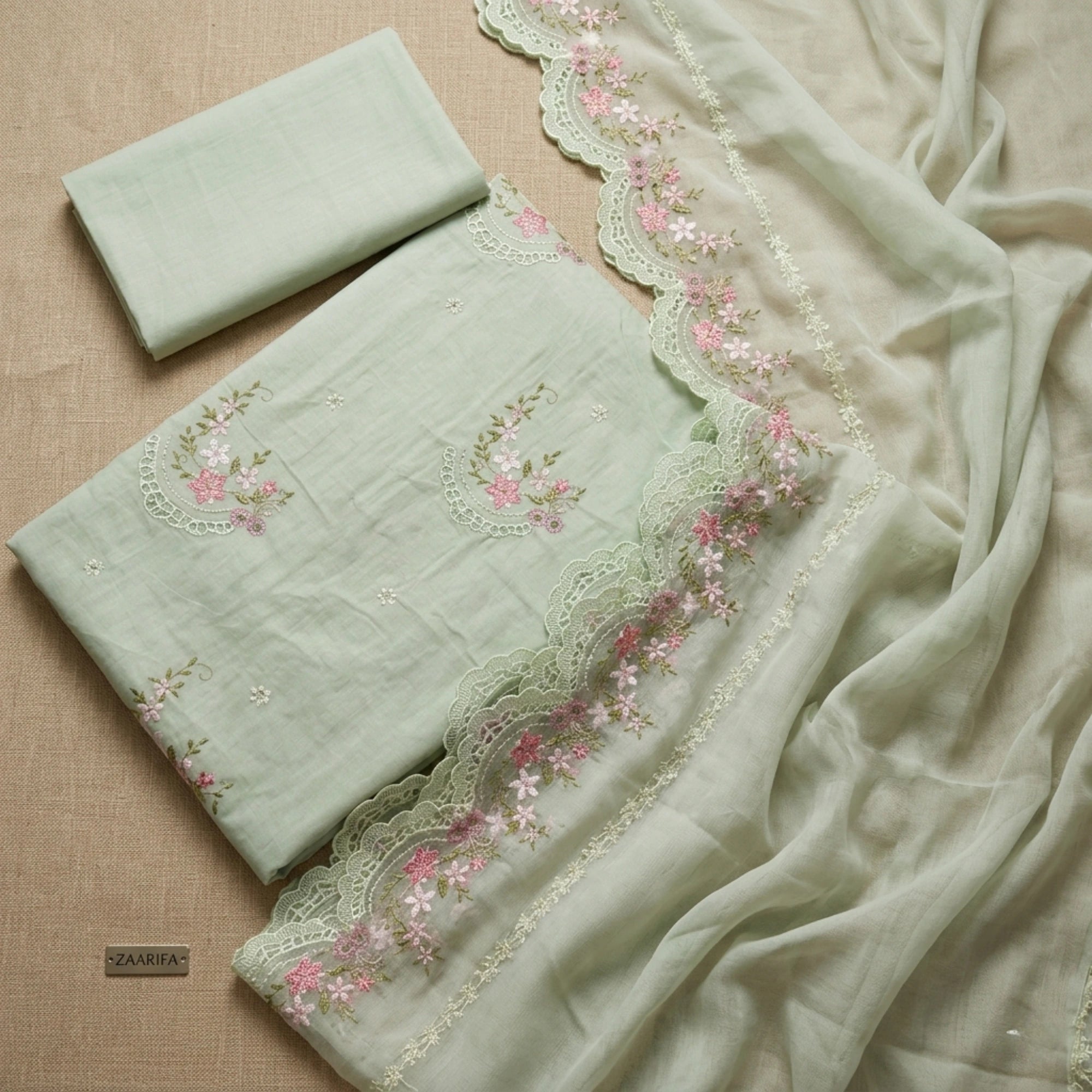 Mint-Ice Floral Embroidered 3Pc Unstitched Lawn Suit - Chiffon Dupatta
