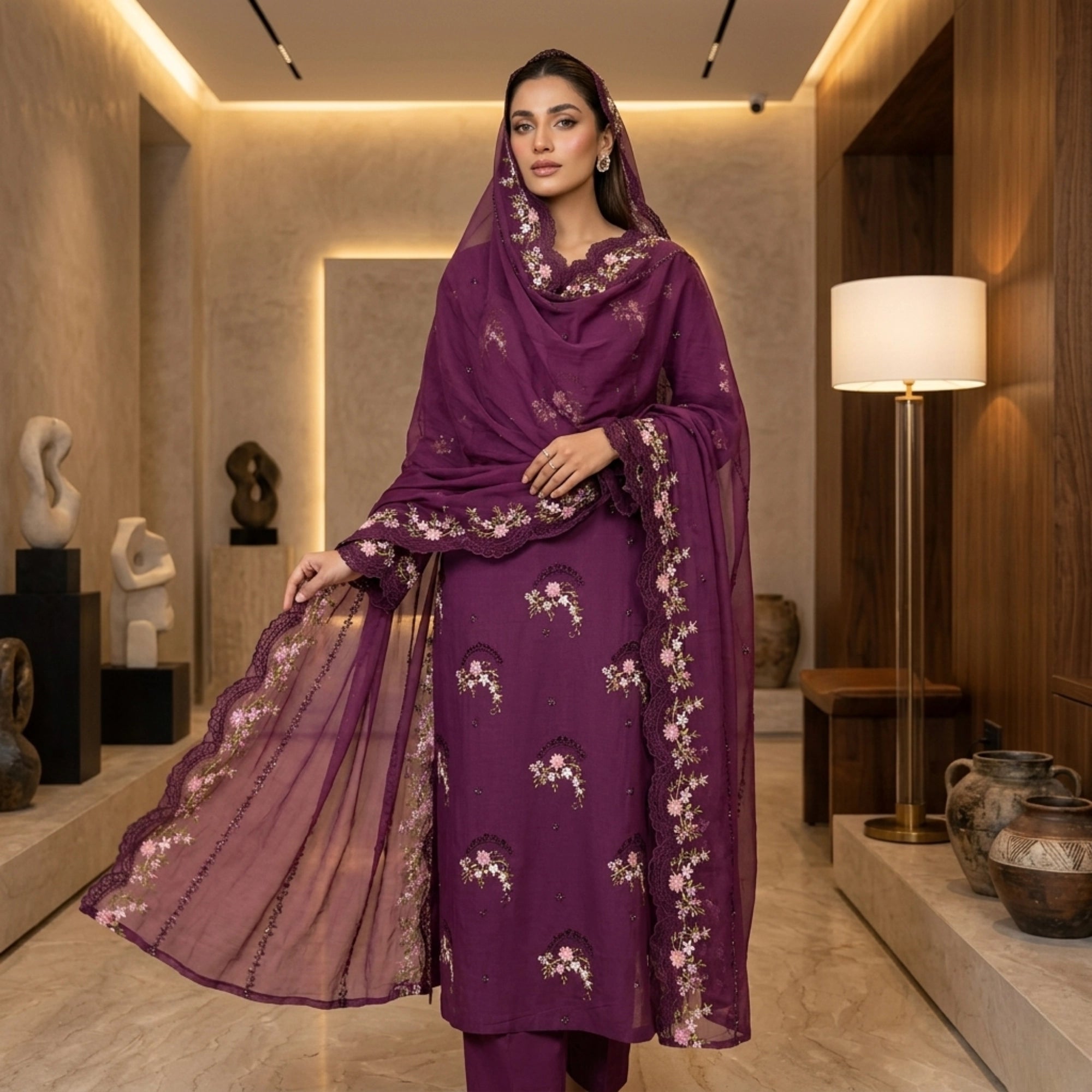 Deep Plum Berry Purple 3pc Unstitched Lawn Suit With Chiffon Dupatta