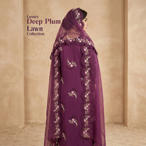 Deep Plum Berry Purple 3pc Unstitched Lawn Suit With Chiffon Dupatta