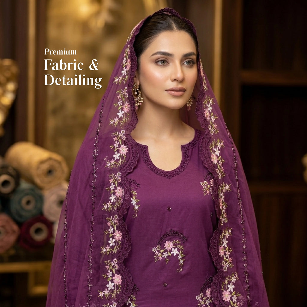 Deep Plum Berry Purple 3pc Unstitched Lawn Suit With Chiffon Dupatta