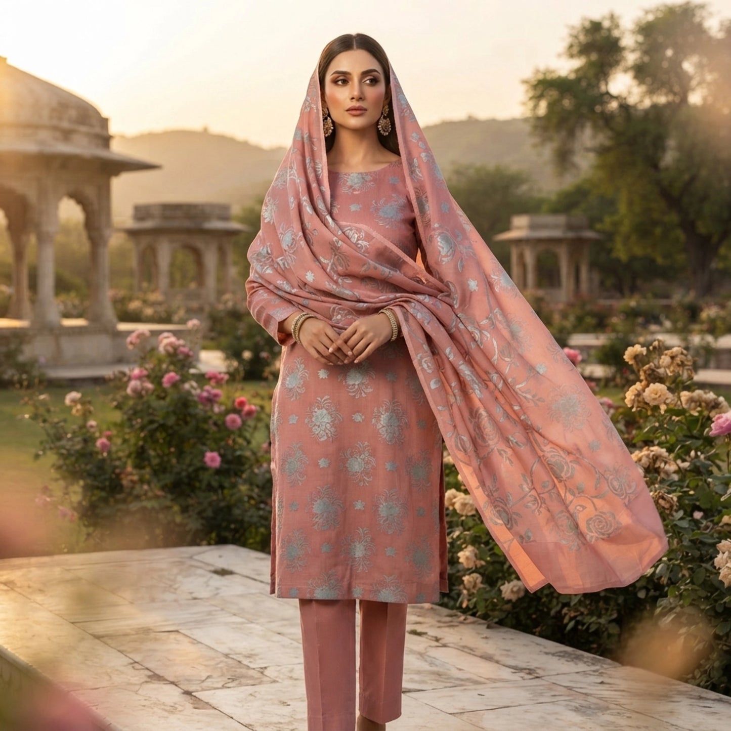 Dusty Rose Floral Ambose Silk 3 Piece Unstitched Suit