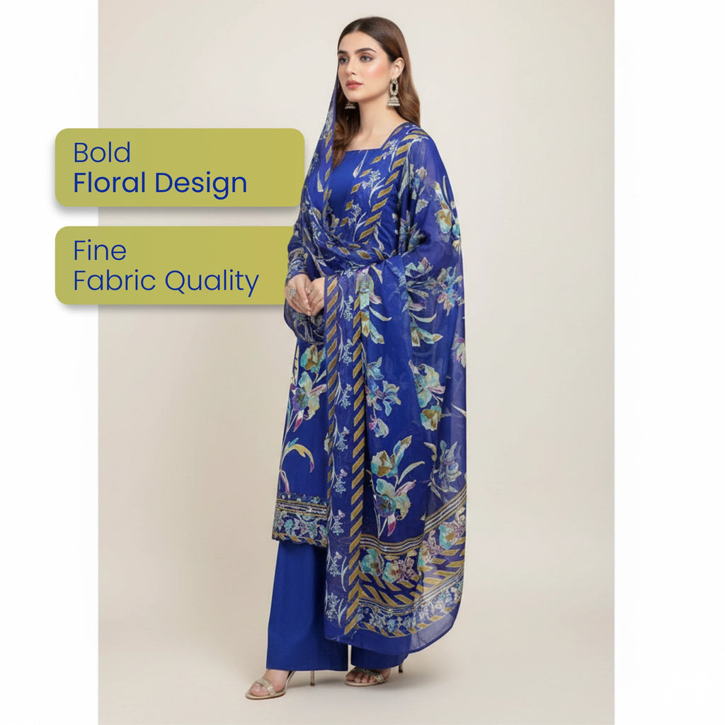 Royal Blue Barosha Silk 3 Piece Unstitched Suit | Insaf Fabrics