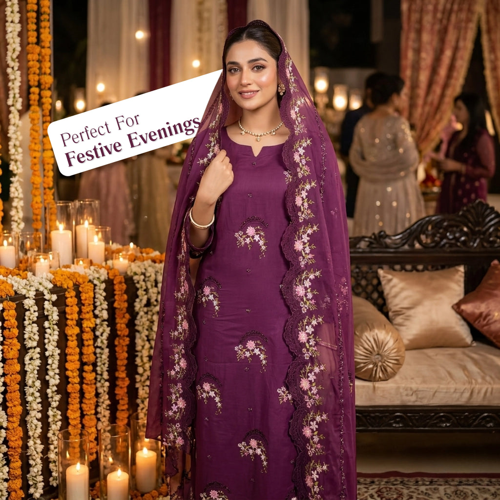 Deep Plum Berry Purple 3pc Unstitched Lawn Suit With Chiffon Dupatta