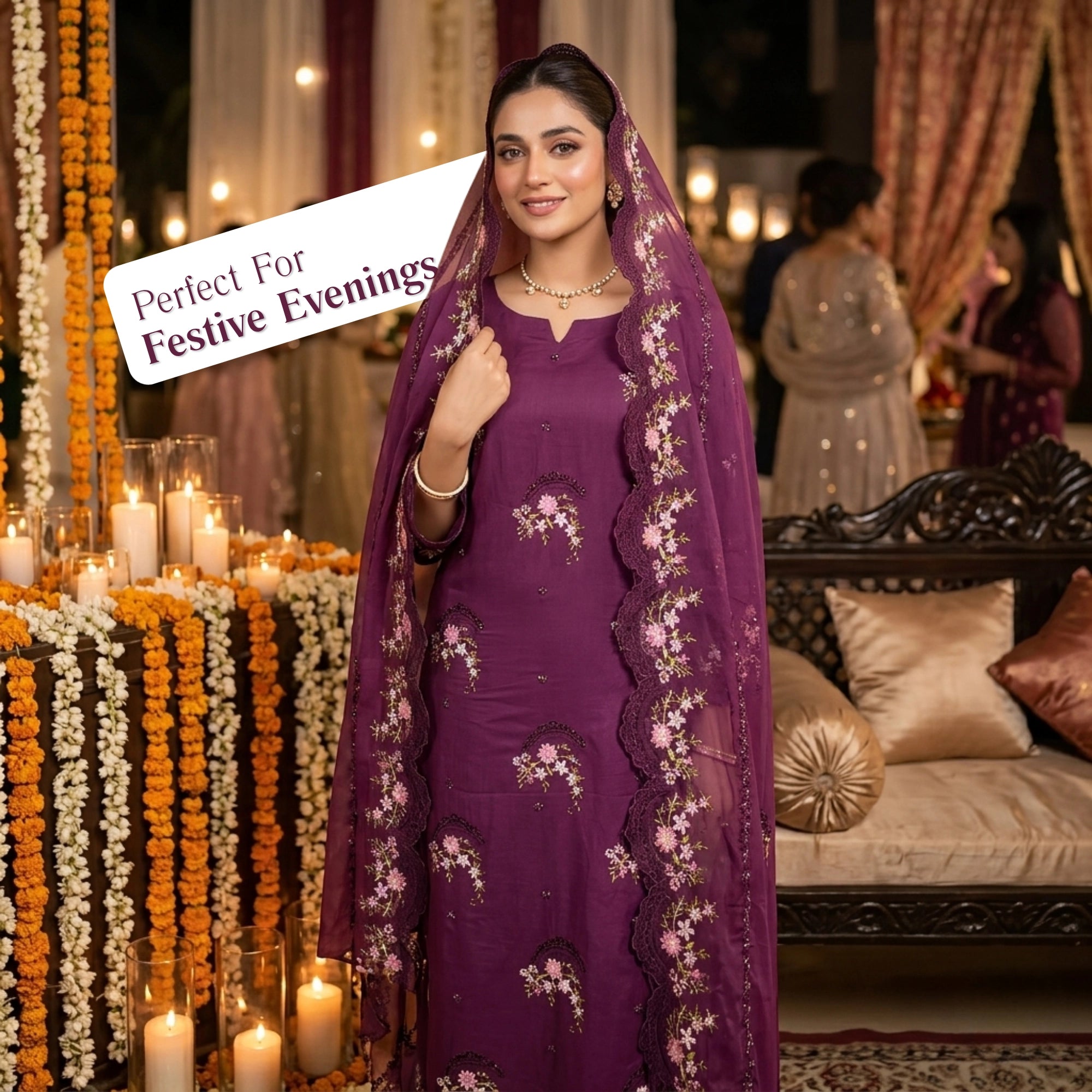 Deep Plum Berry Purple 3pc Unstitched Lawn Suit With Chiffon Dupatta