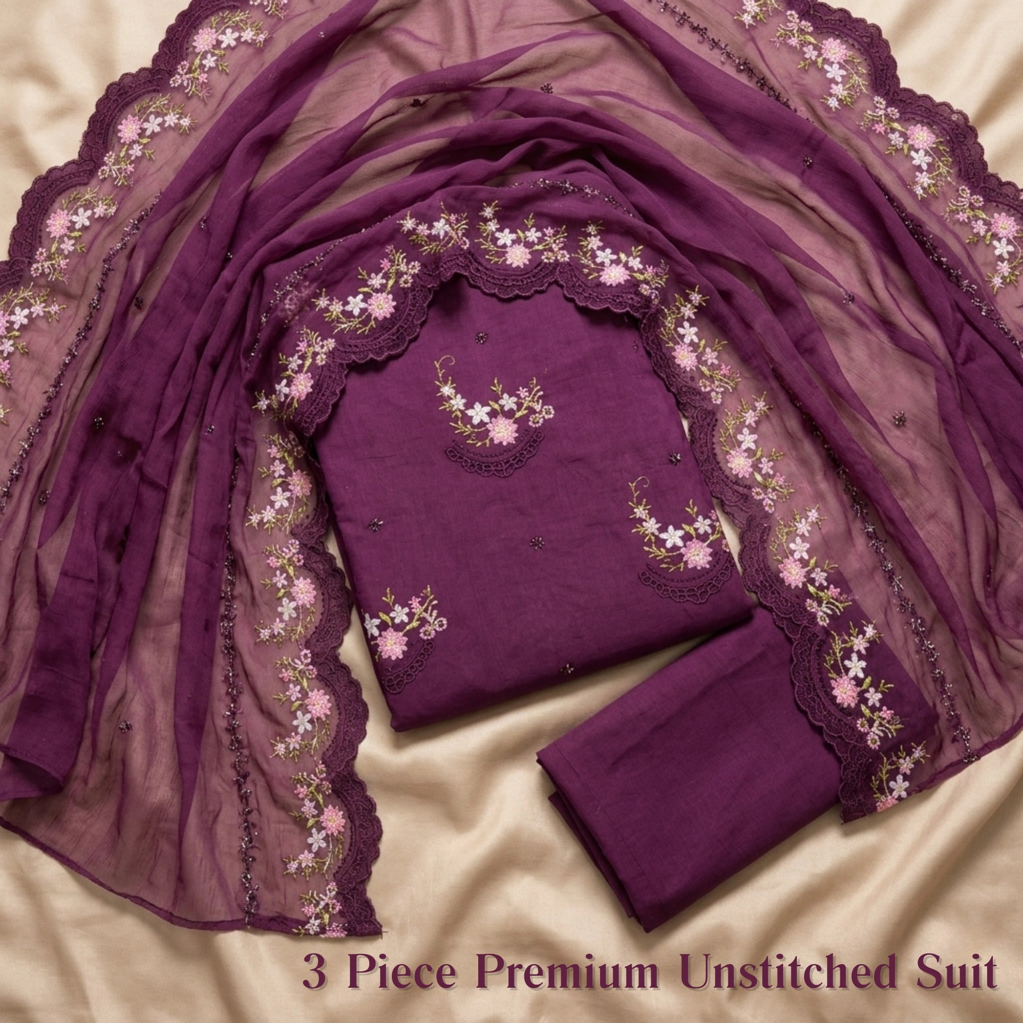 Deep Plum Berry Purple 3pc Unstitched Lawn Suit With Chiffon Dupatta