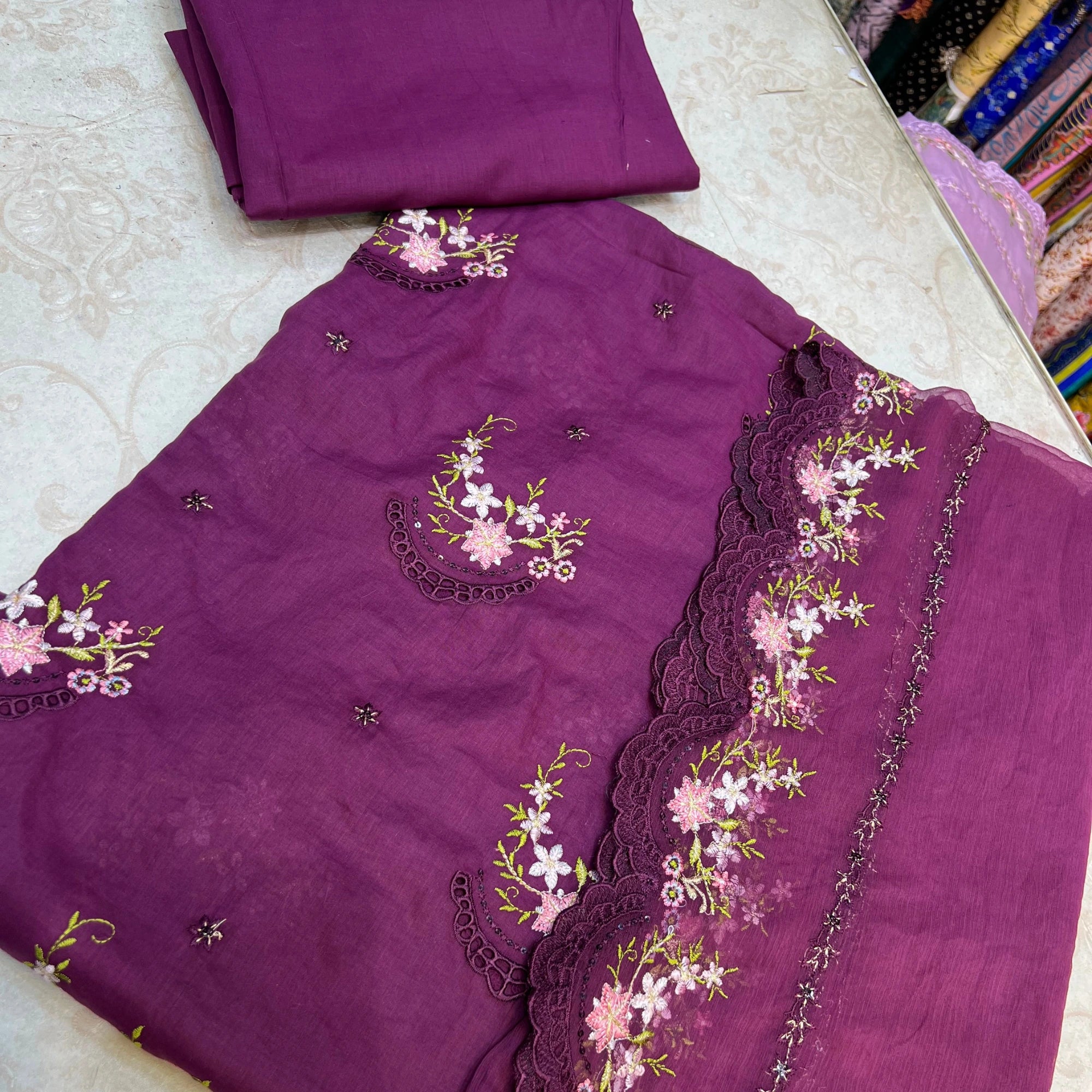 Deep Plum Berry Purple 3pc Unstitched Lawn Suit With Chiffon Dupatta