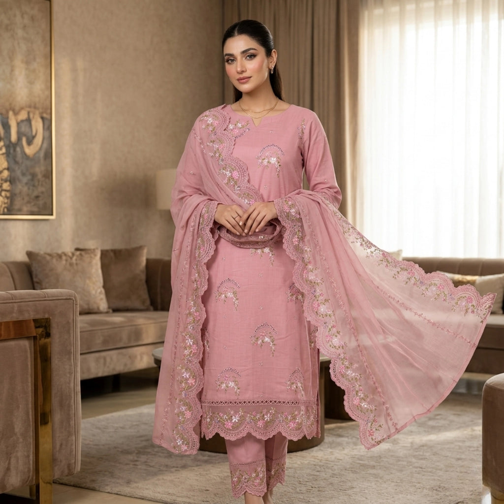 Dusty Rose Pink 3 Piece Unstitched Lawn Suit With Chiffon Dupatta