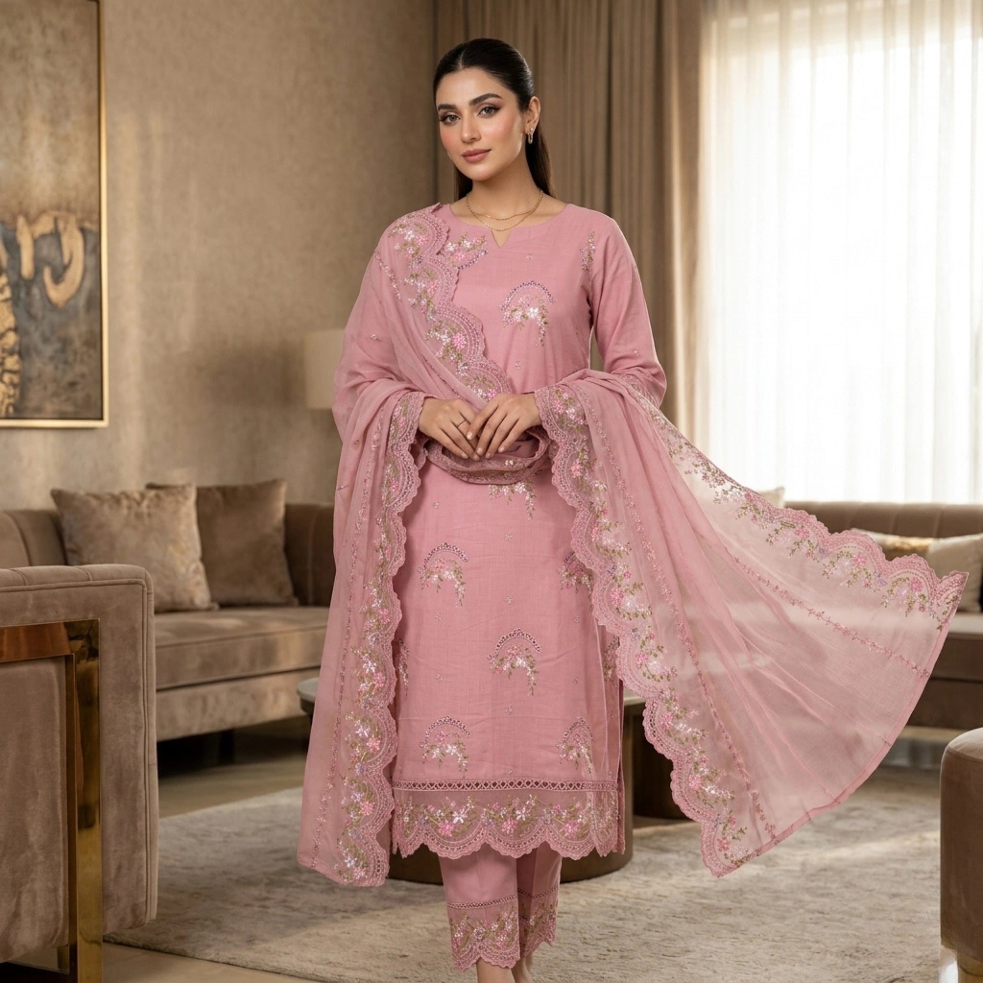 Dusty Rose Pink 3 Piece Unstitched Lawn Suit With Chiffon Dupatta