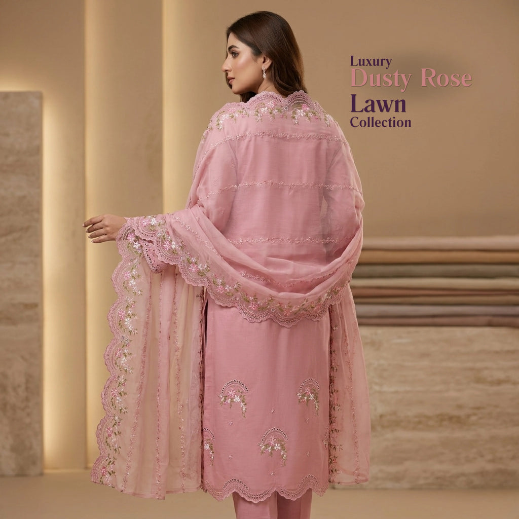 Dusty Rose Pink 3 Piece Unstitched Lawn Suit With Chiffon Dupatta