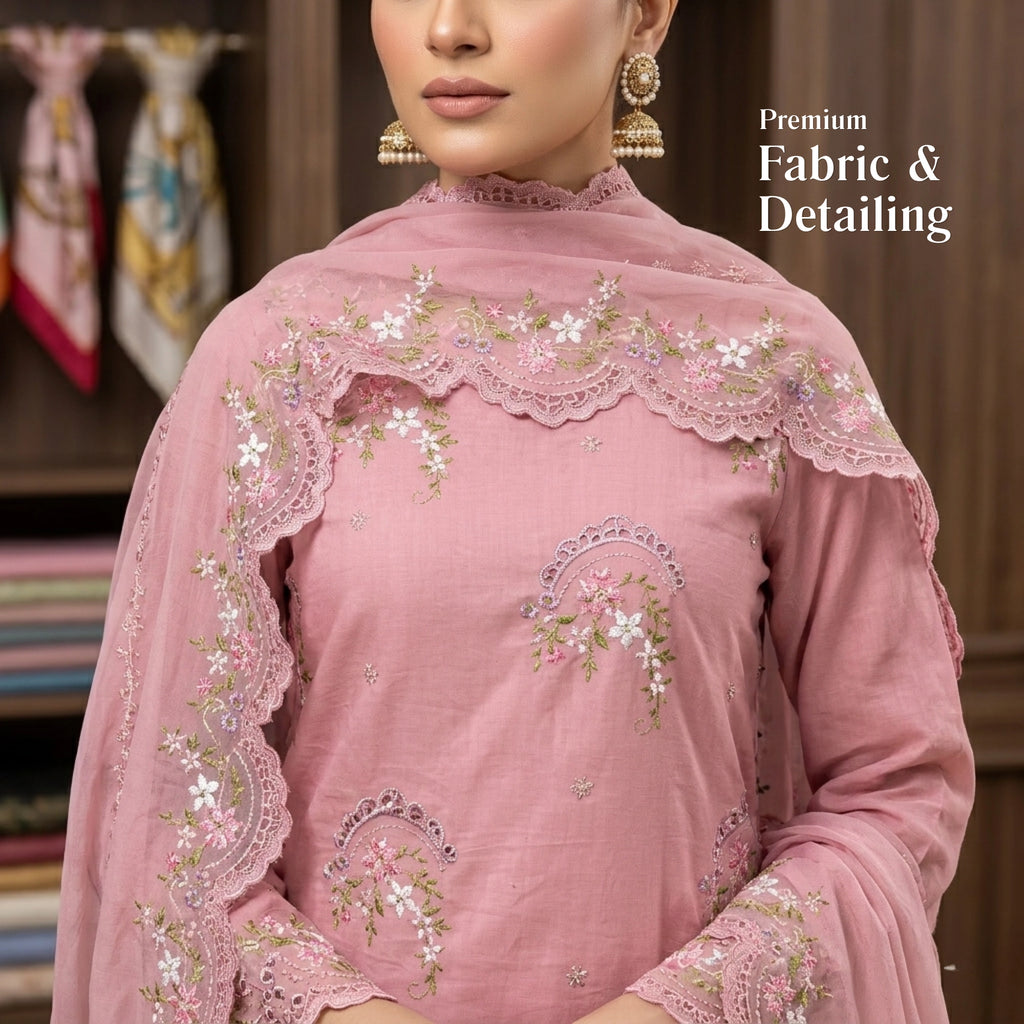 Dusty Rose Pink 3 Piece Unstitched Lawn Suit With Chiffon Dupatta