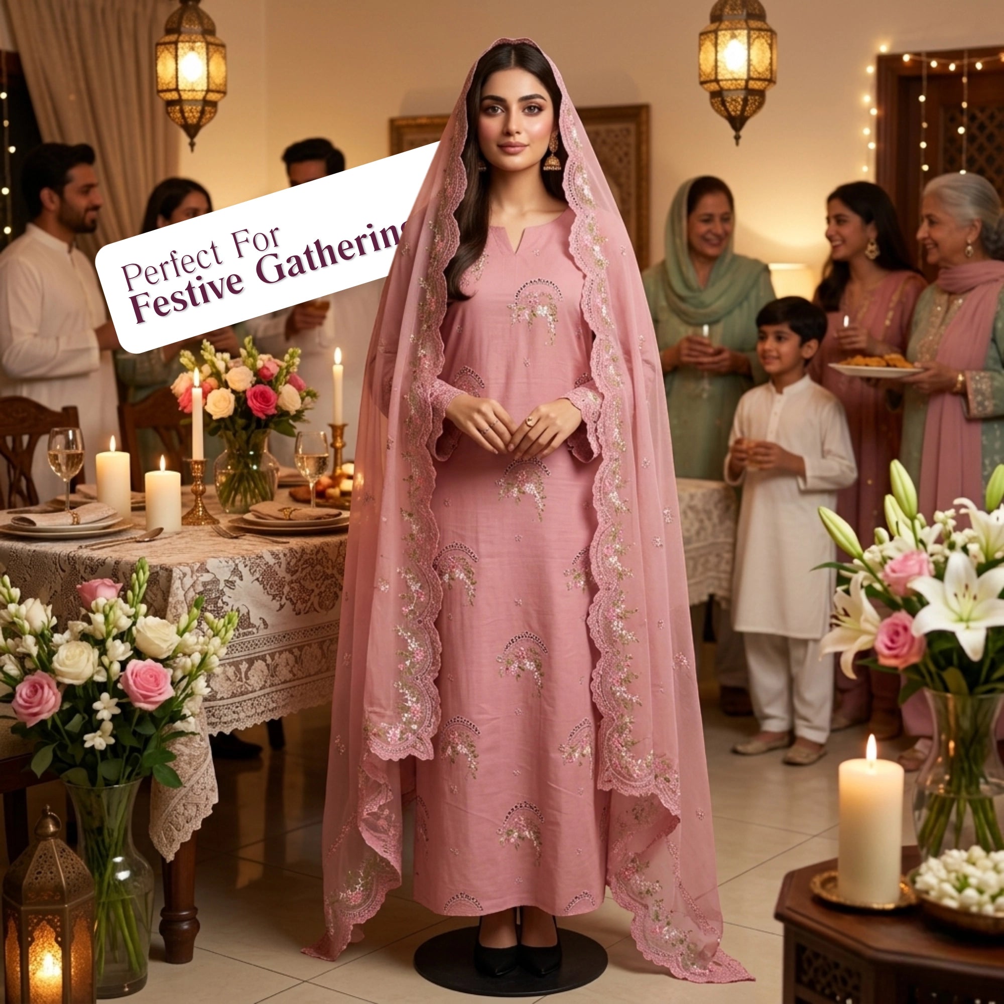 Dusty Rose Pink 3 Piece Unstitched Lawn Suit With Chiffon Dupatta