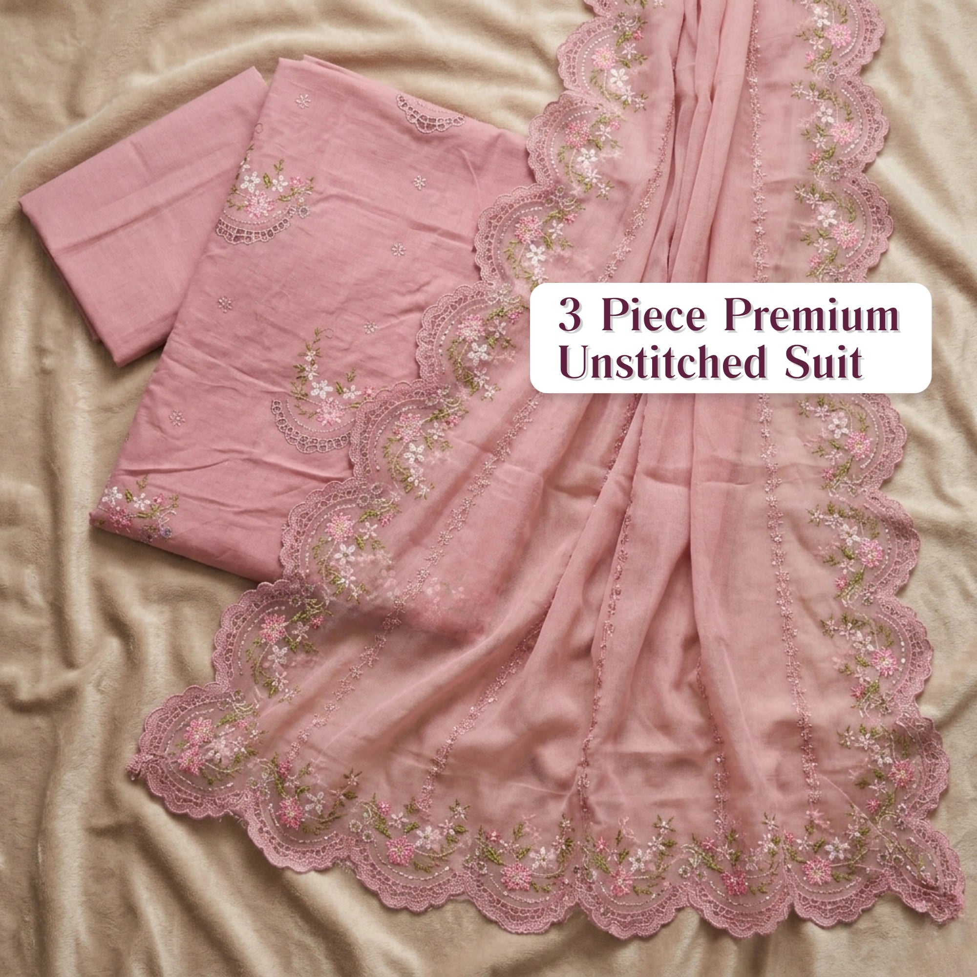 Dusty Rose Pink 3 Piece Unstitched Lawn Suit With Chiffon Dupatta