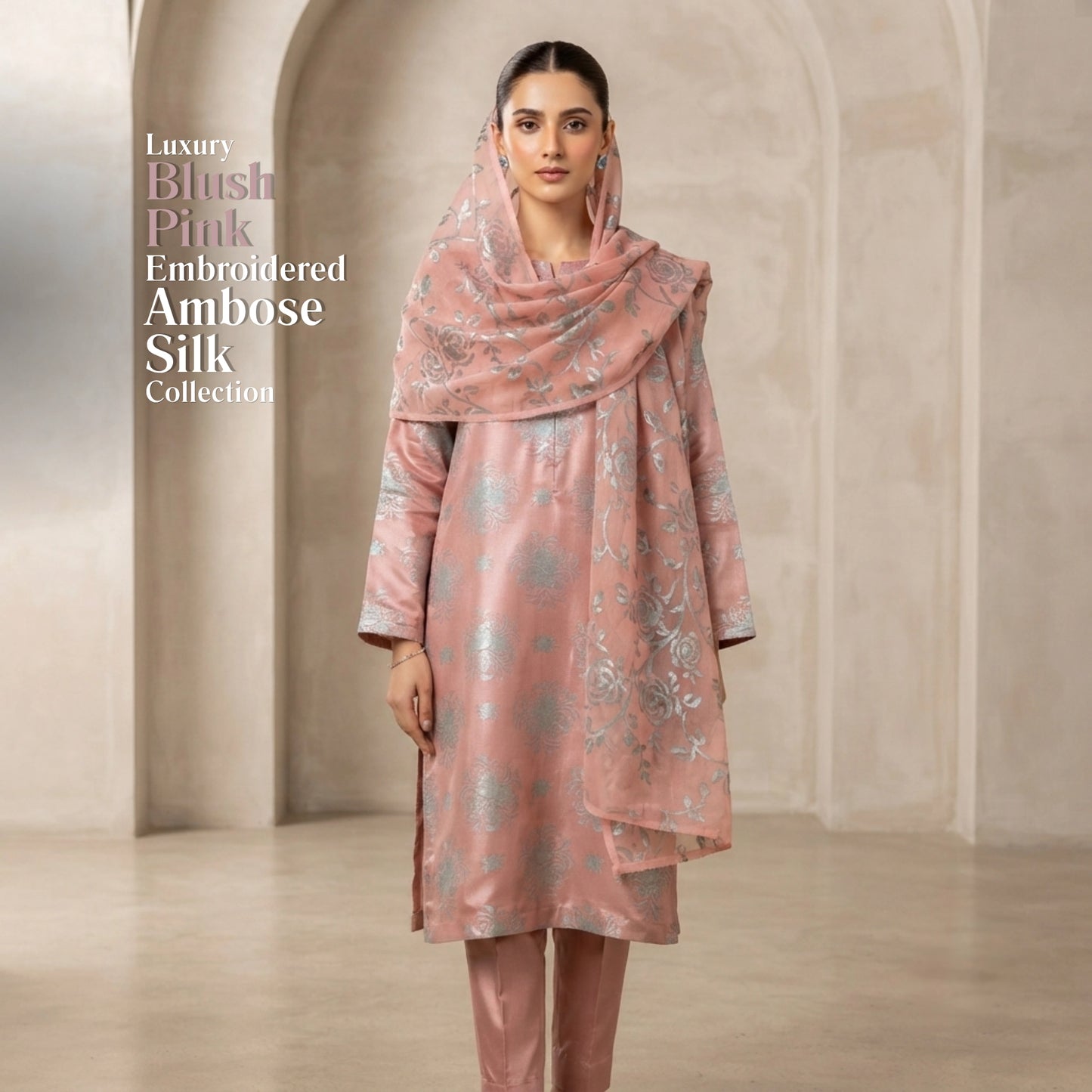 Dusty Rose Floral Ambose Silk 3 Piece Unstitched Suit