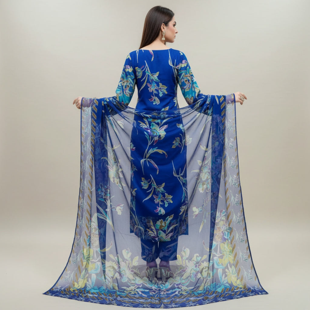 Royal Blue Barosha Silk 3 Piece Unstitched Suit | Insaf Fabrics