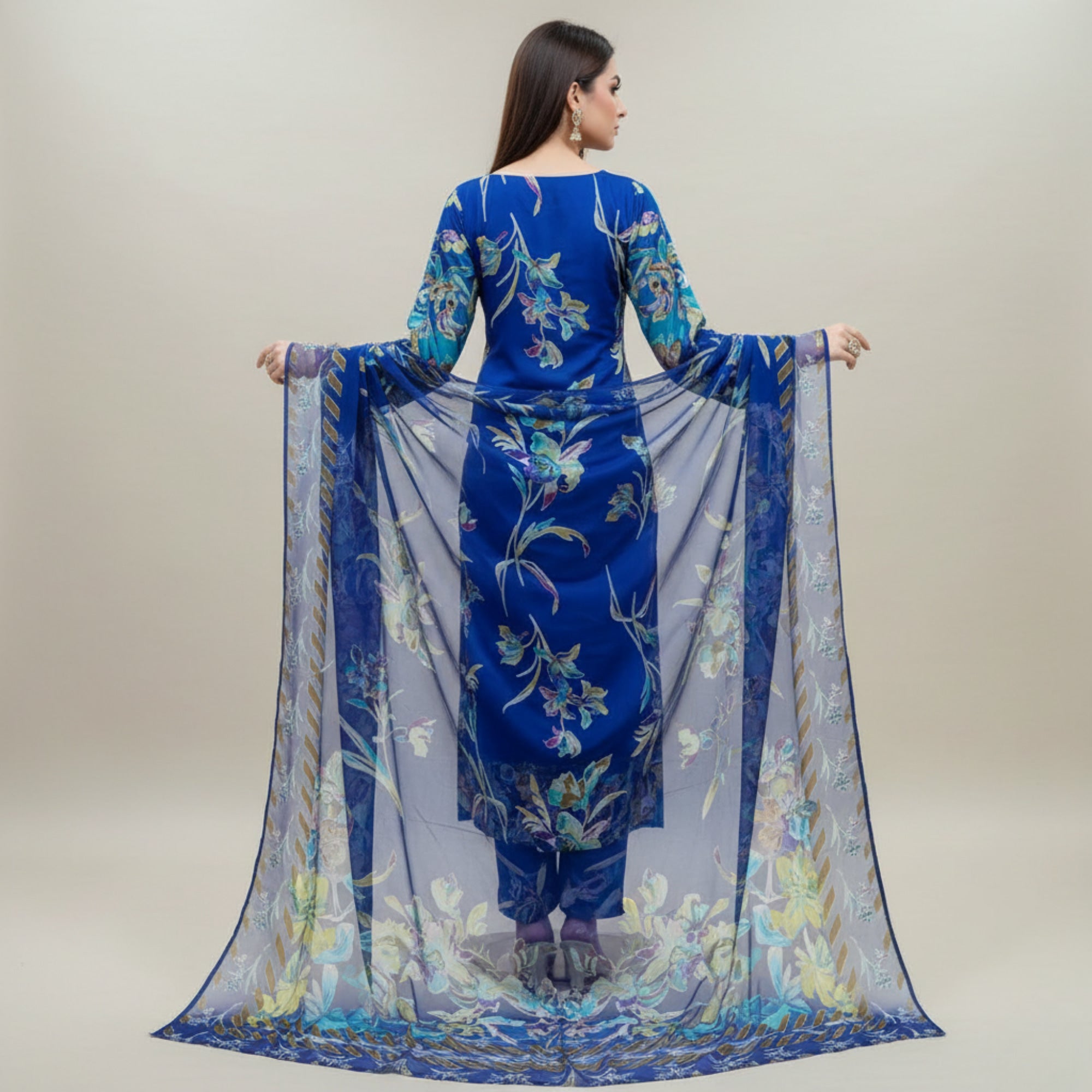 Royal Blue Barosha Silk 3 Piece Unstitched Suit | Insaf Fabrics