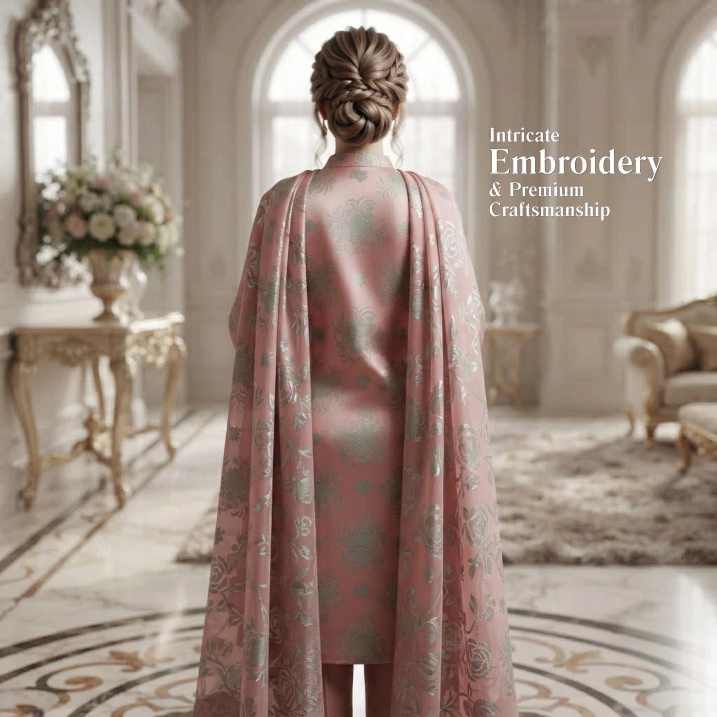 Dusty Rose Floral Ambose Silk 3 Piece Unstitched Suit
