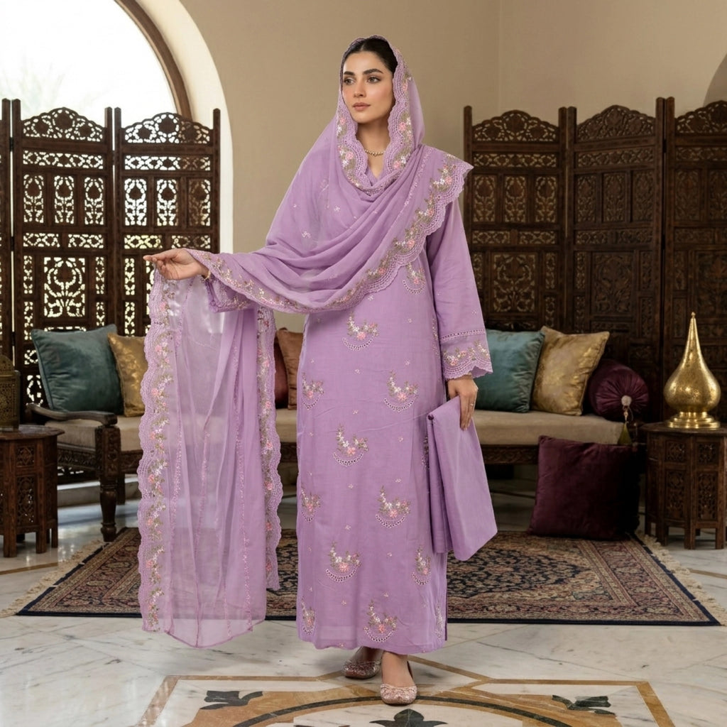 Lavender Bloom – 3 Piece Unstitched Lawn Suit with Chiffon Dupatta