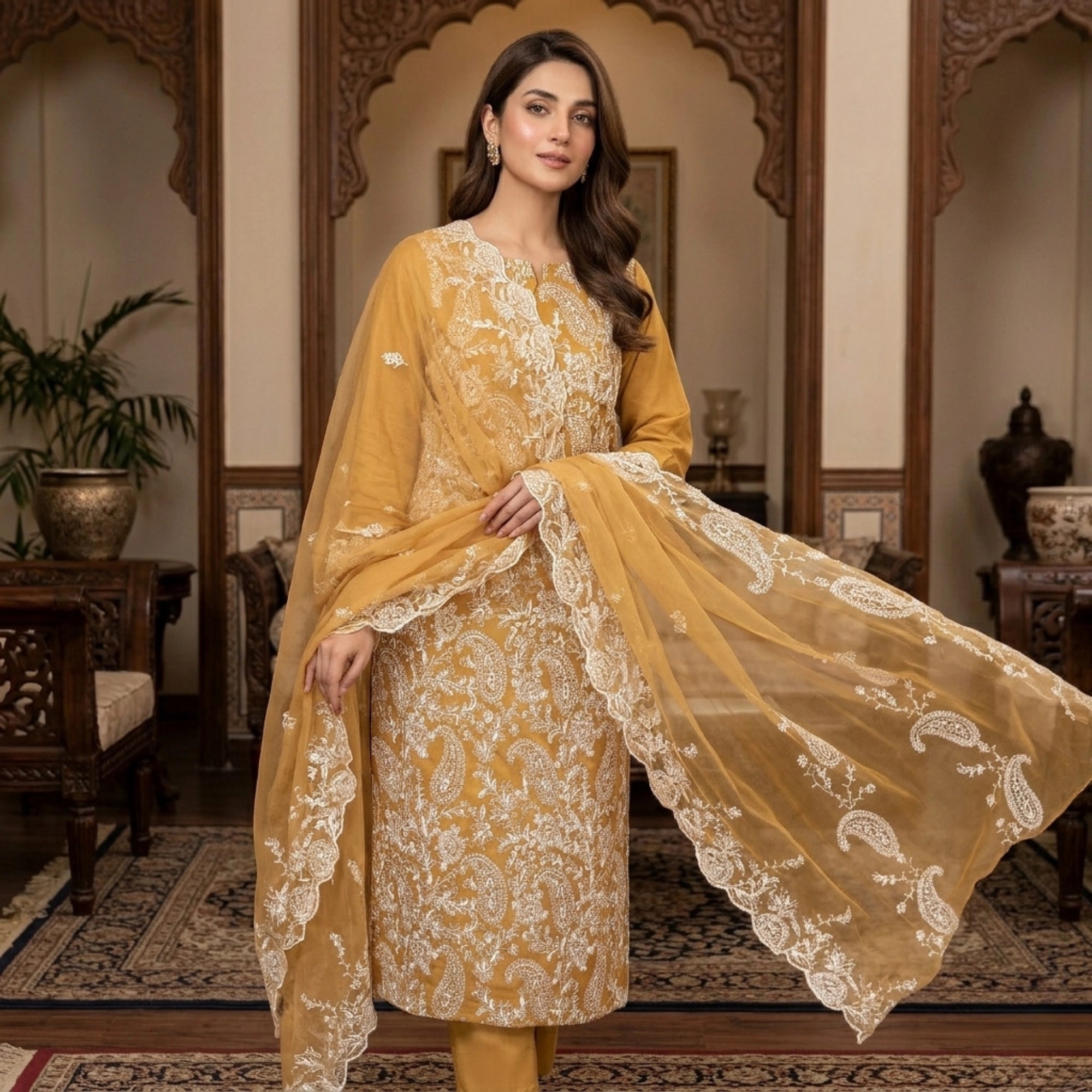 Golden Mustard – 3 Piece Unstitched Lawn Suit with Chiffon Dupatta