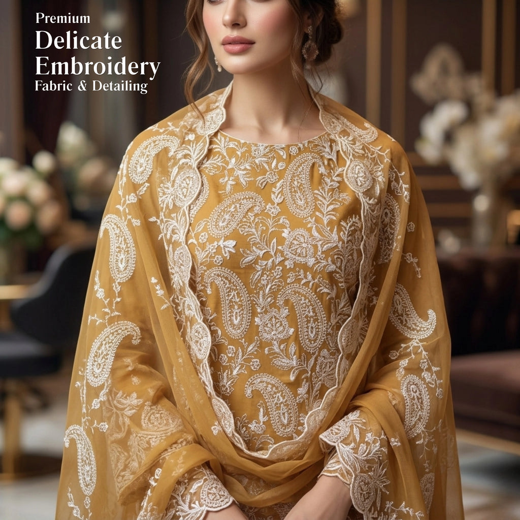 Golden Mustard – 3 Piece Unstitched Lawn Suit with Chiffon Dupatta
