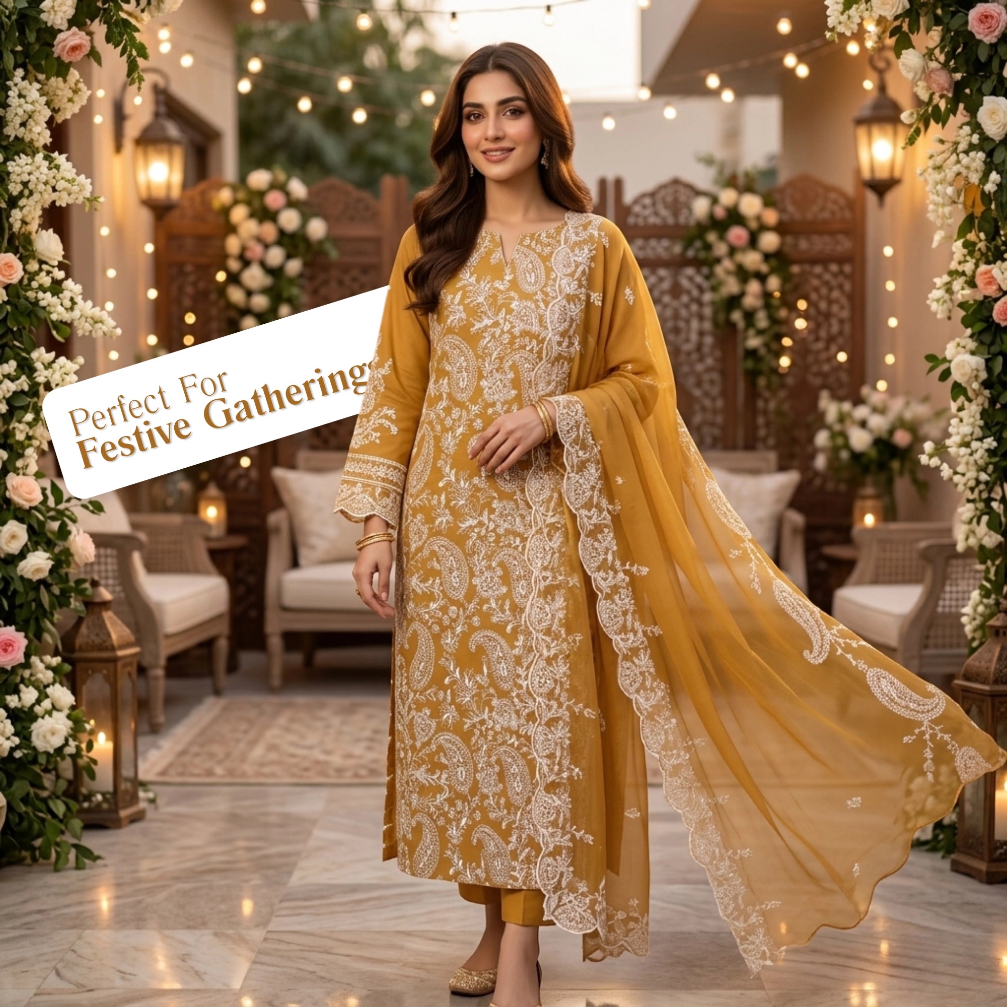 Golden Mustard – 3 Piece Unstitched Lawn Suit with Chiffon Dupatta