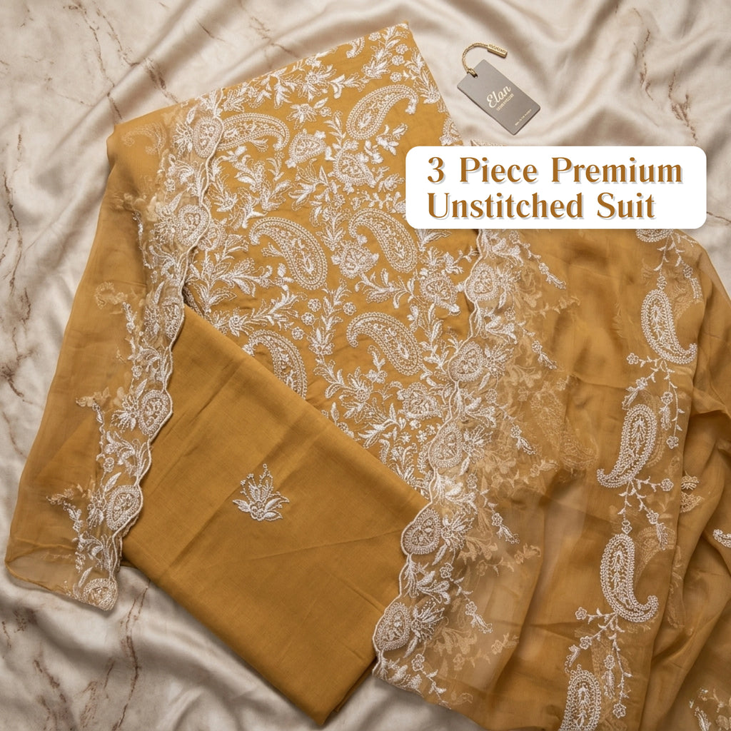 Golden Mustard – 3 Piece Unstitched Lawn Suit with Chiffon Dupatta