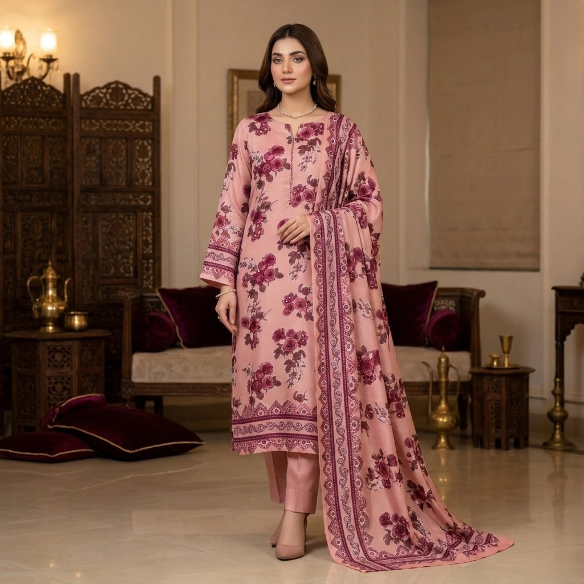 Blush Rose Pink – 3 Piece Unstitched Barosha Silk Suit
