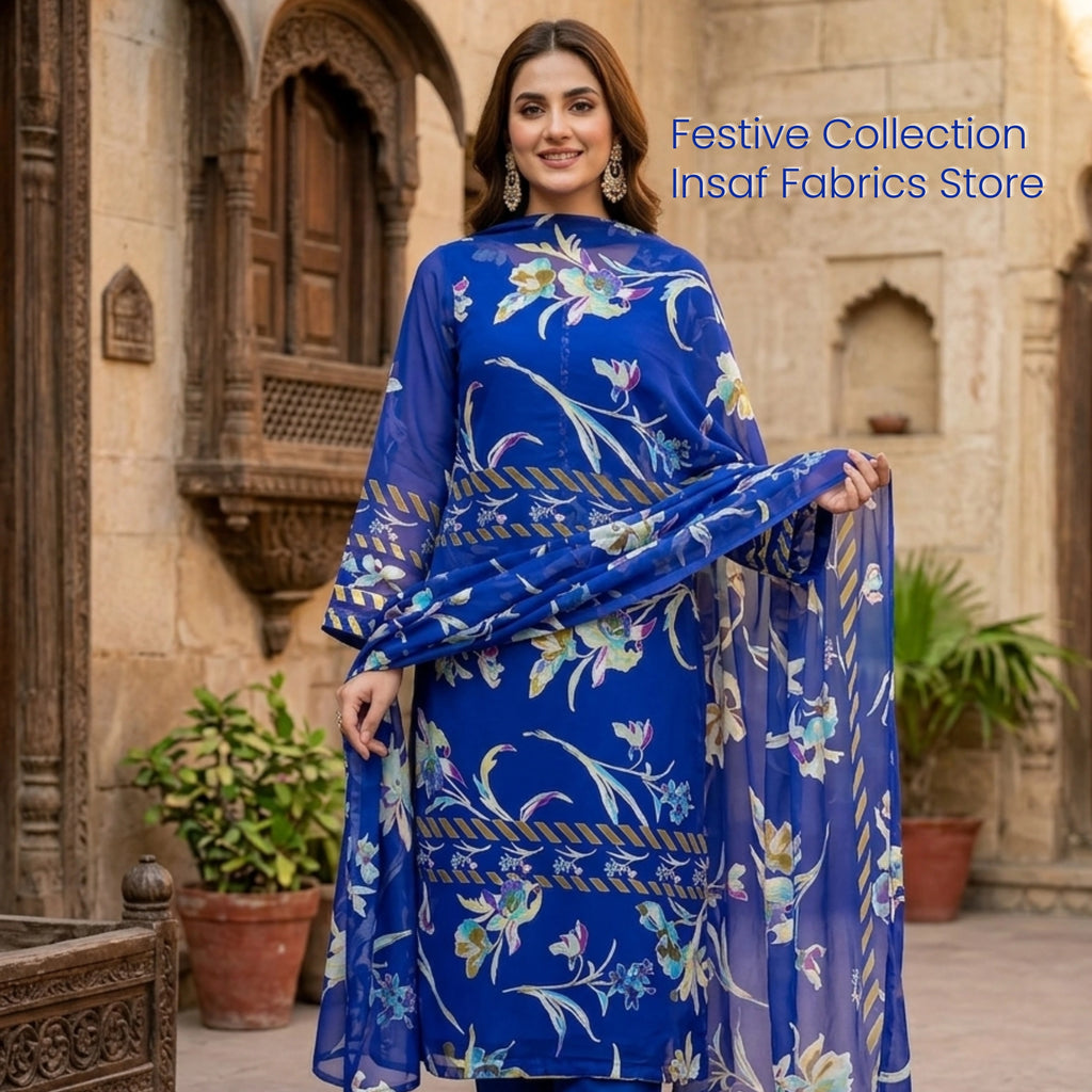 Royal Blue Barosha Silk 3 Piece Unstitched Suit | Insaf Fabrics