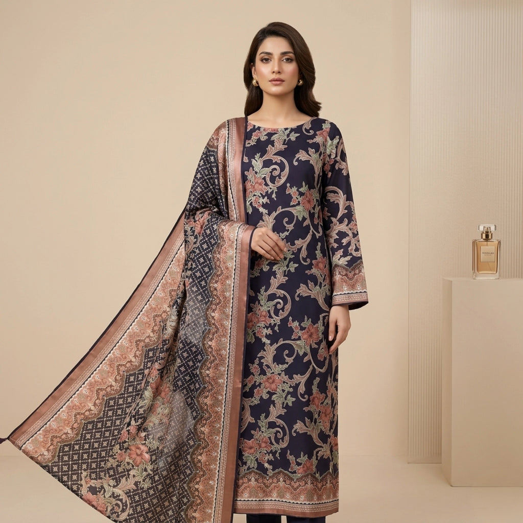 Midnight Floral Barosha Silk 3 Piece Unstitched Suit