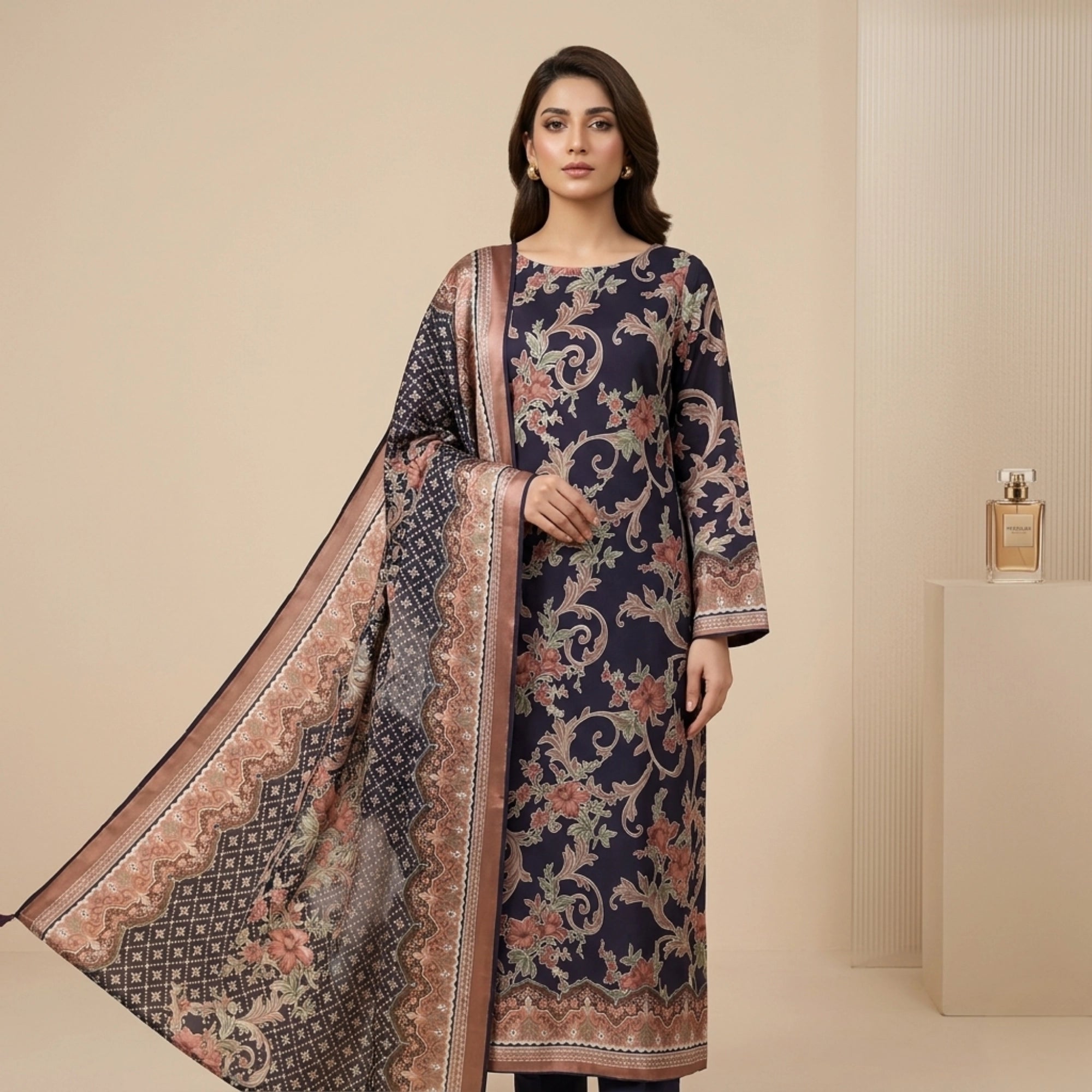 Midnight Floral Barosha Silk 3 Piece Unstitched Suit