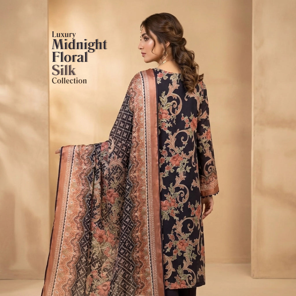 Midnight Floral Barosha Silk 3 Piece Unstitched Suit
