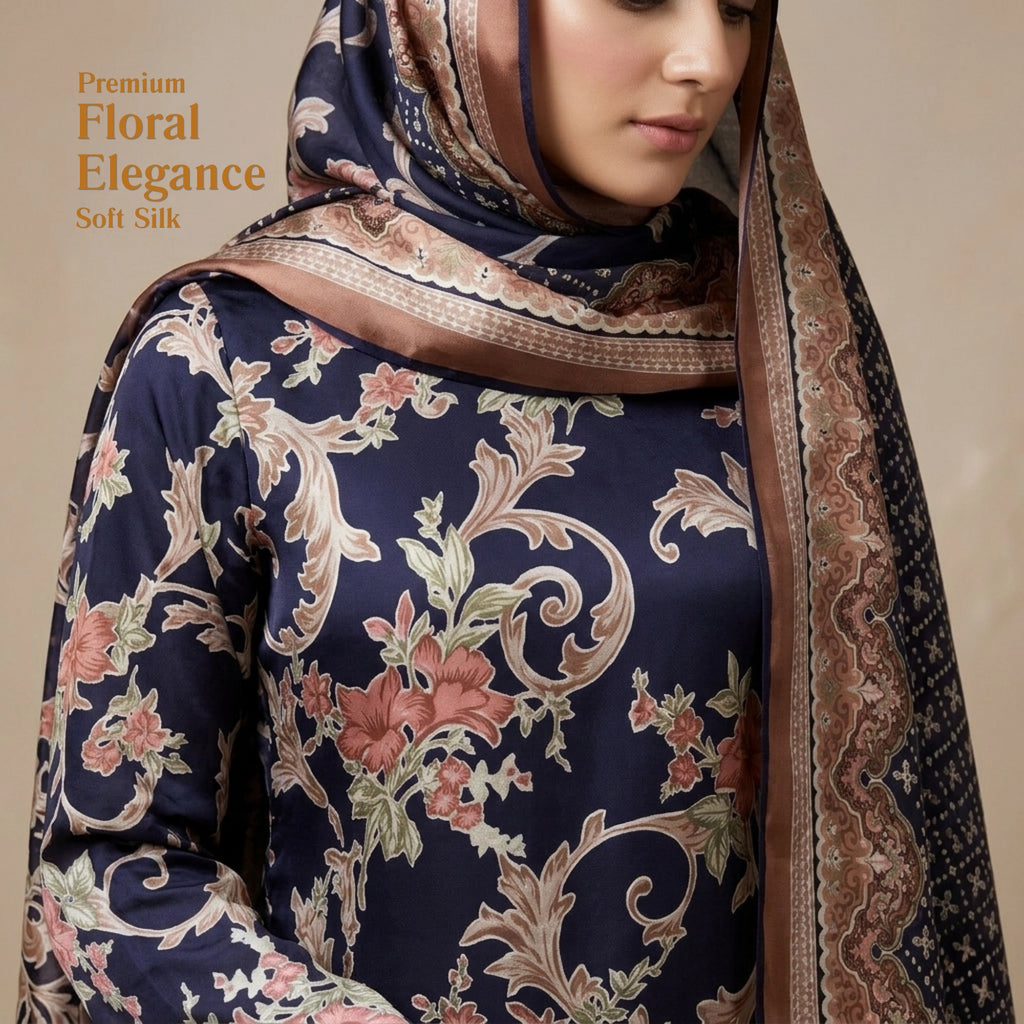 Midnight Floral Barosha Silk 3 Piece Unstitched Suit